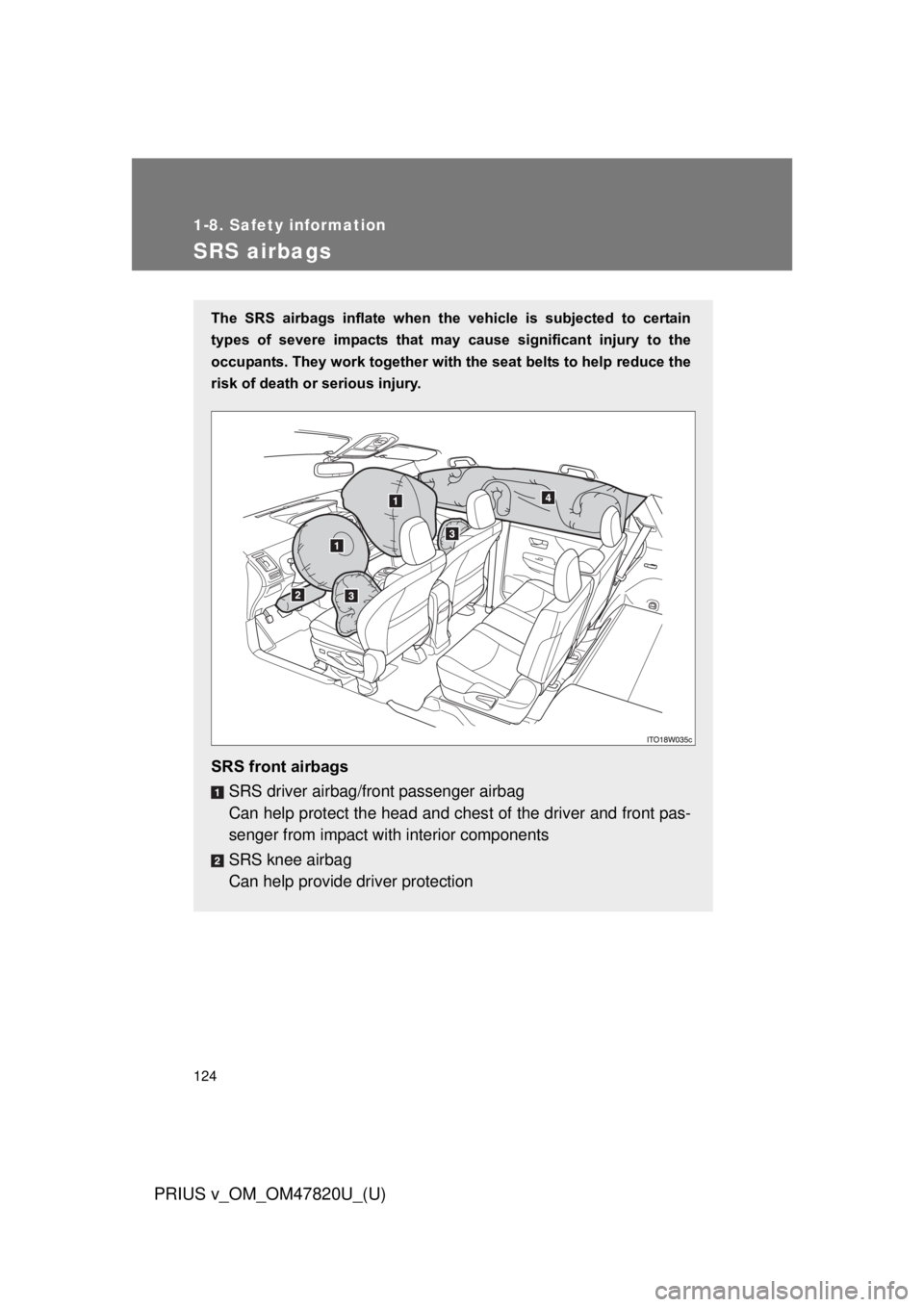 TOYOTA PRIUS V 2013  Owners Manual (in English) 124
1-8. Safety information
PRIUS v_OM_OM47820U_(U)
SRS airbags
The  SRS  airbags  inflate  when  the vehicle  is  subjected  to  certain
types  of  severe  impacts  that  may  cause  significant  inj