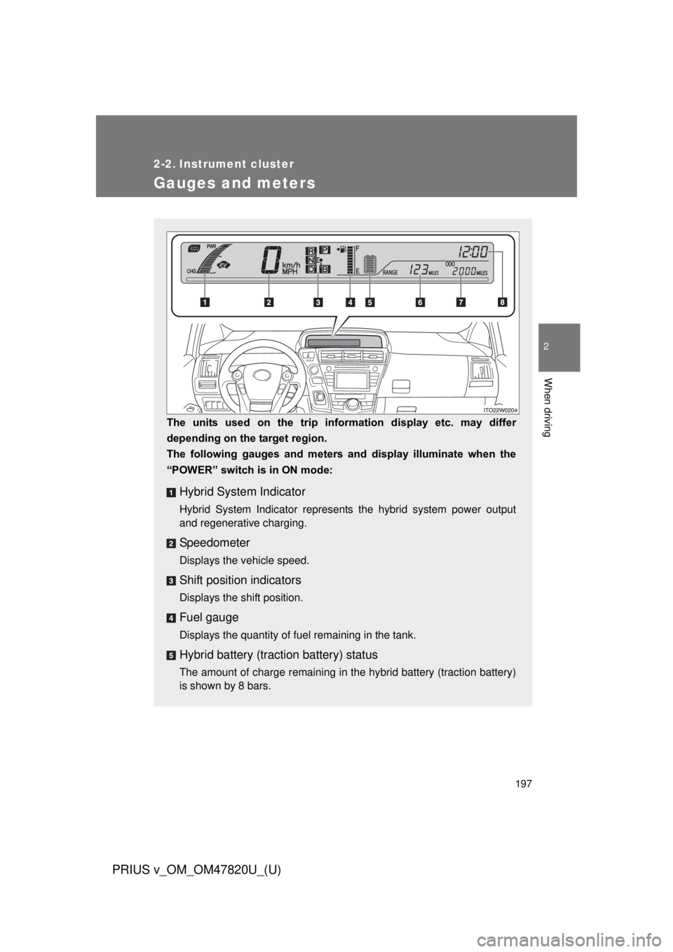 TOYOTA PRIUS V 2013  Owners Manual (in English) 197
PRIUS v_OM_OM47820U_(U)
2
When driving
2-2. Instrument cluster
Gauges and meters
The  units  used  on  the  trip  information  display  etc.  may  differ
depending on the target region. 
The  foll