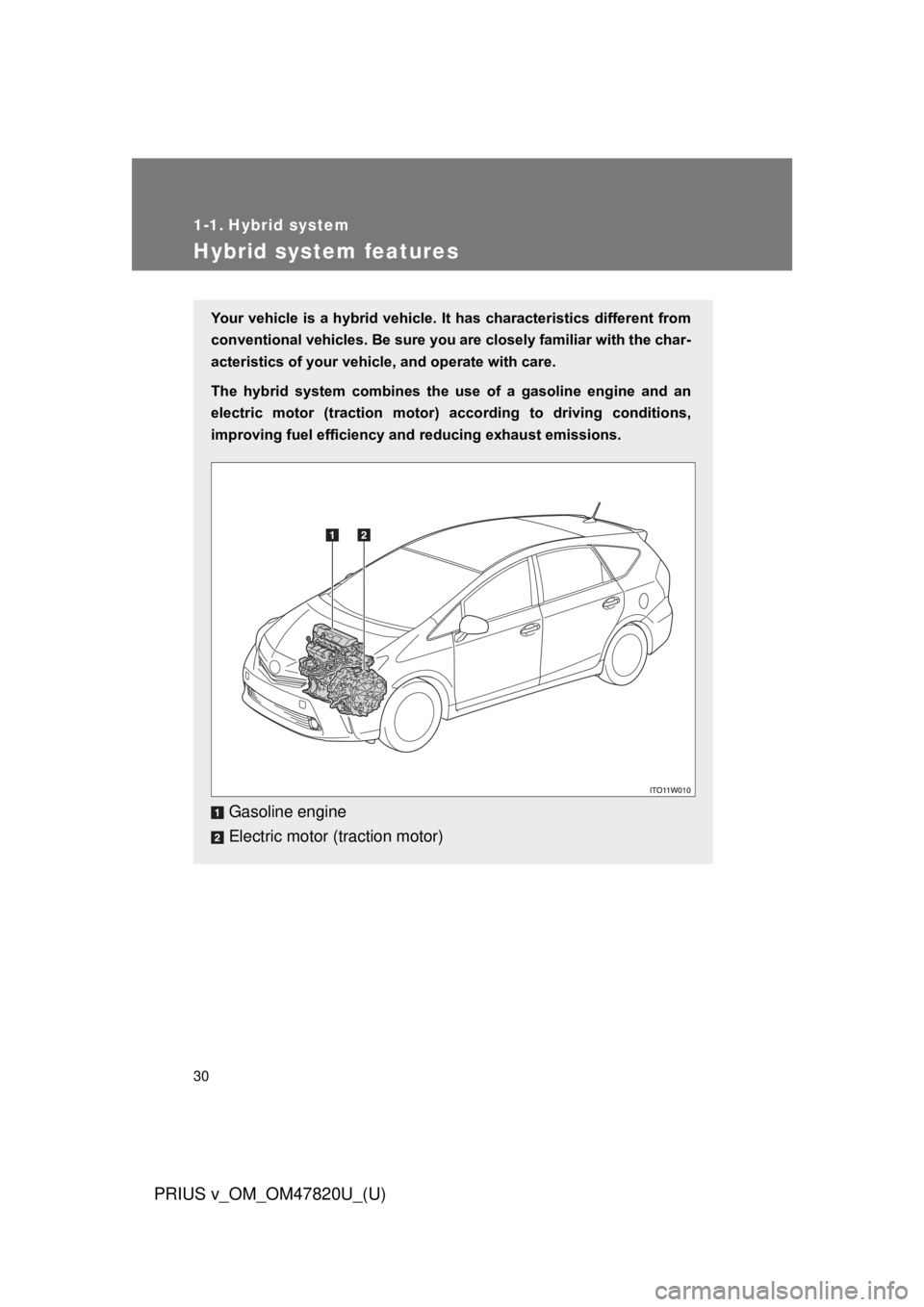 TOYOTA PRIUS V 2013 (in English) Owners Manual 30
PRIUS v_OM_OM47820U_(U)
1-1. Hybrid system
Hybrid system features
Your vehicle is a hybrid vehicle. It has characteristics different from
conventional vehicles. Be sure you are closely familiar w TOYOTA PRIUS V 2013 (in English) Owners Manual 30
PRIUS v_OM_OM47820U_(U)
1-1. Hybrid system
Hybrid system features
Your vehicle is a hybrid vehicle. It has characteristics different from
conventional vehicles. Be sure you are closely familiar w