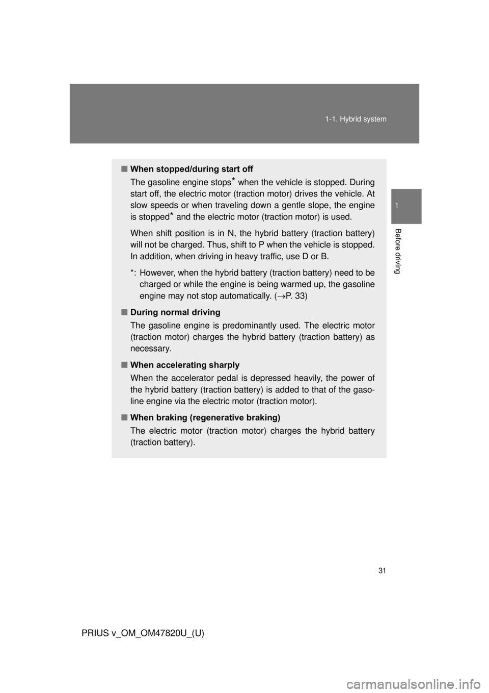 TOYOTA PRIUS V 2013 (in English) Owners Guide 31
1-1. Hybrid system
1
Before driving
PRIUS v_OM_OM47820U_(U)
■
When stopped/during start off
The gasoline engine stops
* when the vehicle is stopped. During
start off, the electric motor (tra cti TOYOTA PRIUS V 2013 (in English) Owners Guide 31
1-1. Hybrid system
1
Before driving
PRIUS v_OM_OM47820U_(U)
■
When stopped/during start off
The gasoline engine stops
* when the vehicle is stopped. During
start off, the electric motor (tra cti