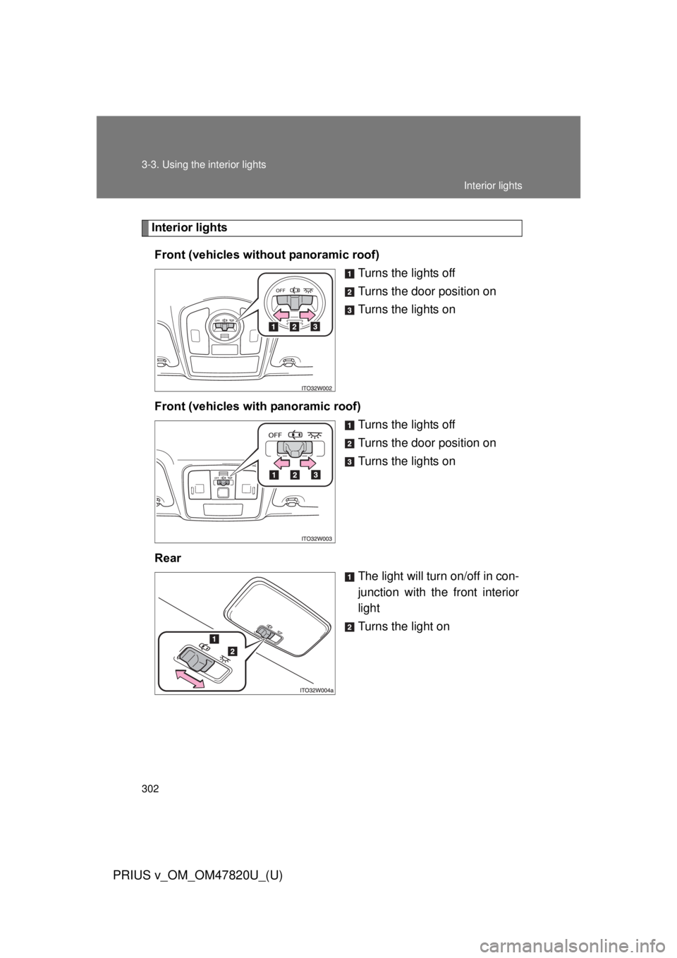 TOYOTA PRIUS V 2013  Owners Manual (in English) 302 3-3. Using the interior lights
PRIUS v_OM_OM47820U_(U)
Interior lightsFront (vehicles without panoramic roof) Turns the lights off
Turns the door position on
Turns the lights on
Front (vehicles wi