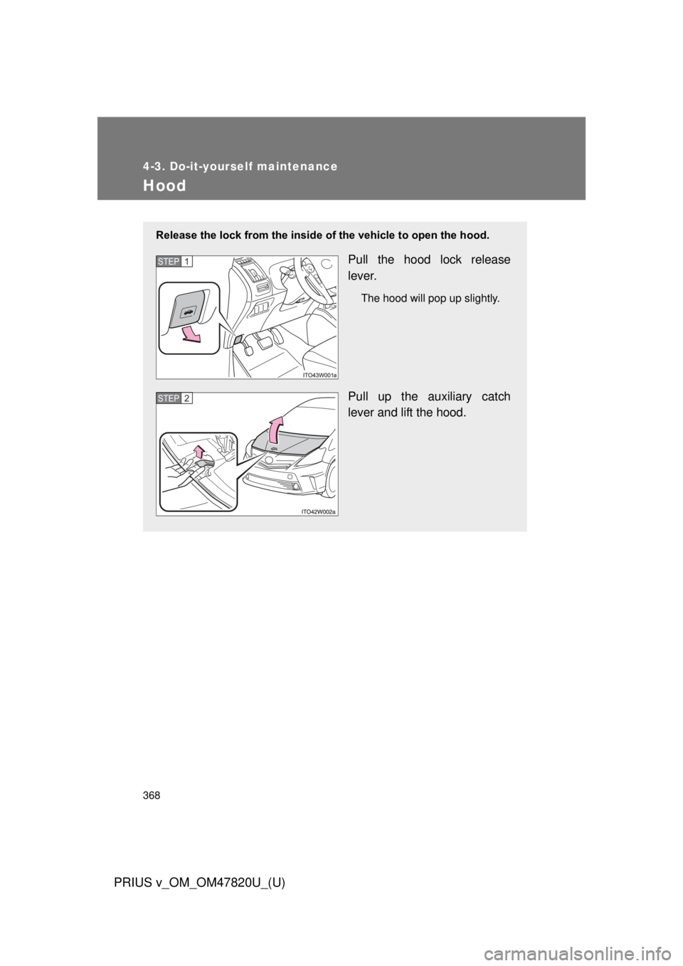 TOYOTA PRIUS V 2013  Owners Manual (in English) 368
4-3. Do-it-yourself maintenance
PRIUS v_OM_OM47820U_(U)
Hood
Release the lock from the inside of the vehicle to open the hood.
Pull the hood lock release
lever.
The hood will pop up slightly.
Pull