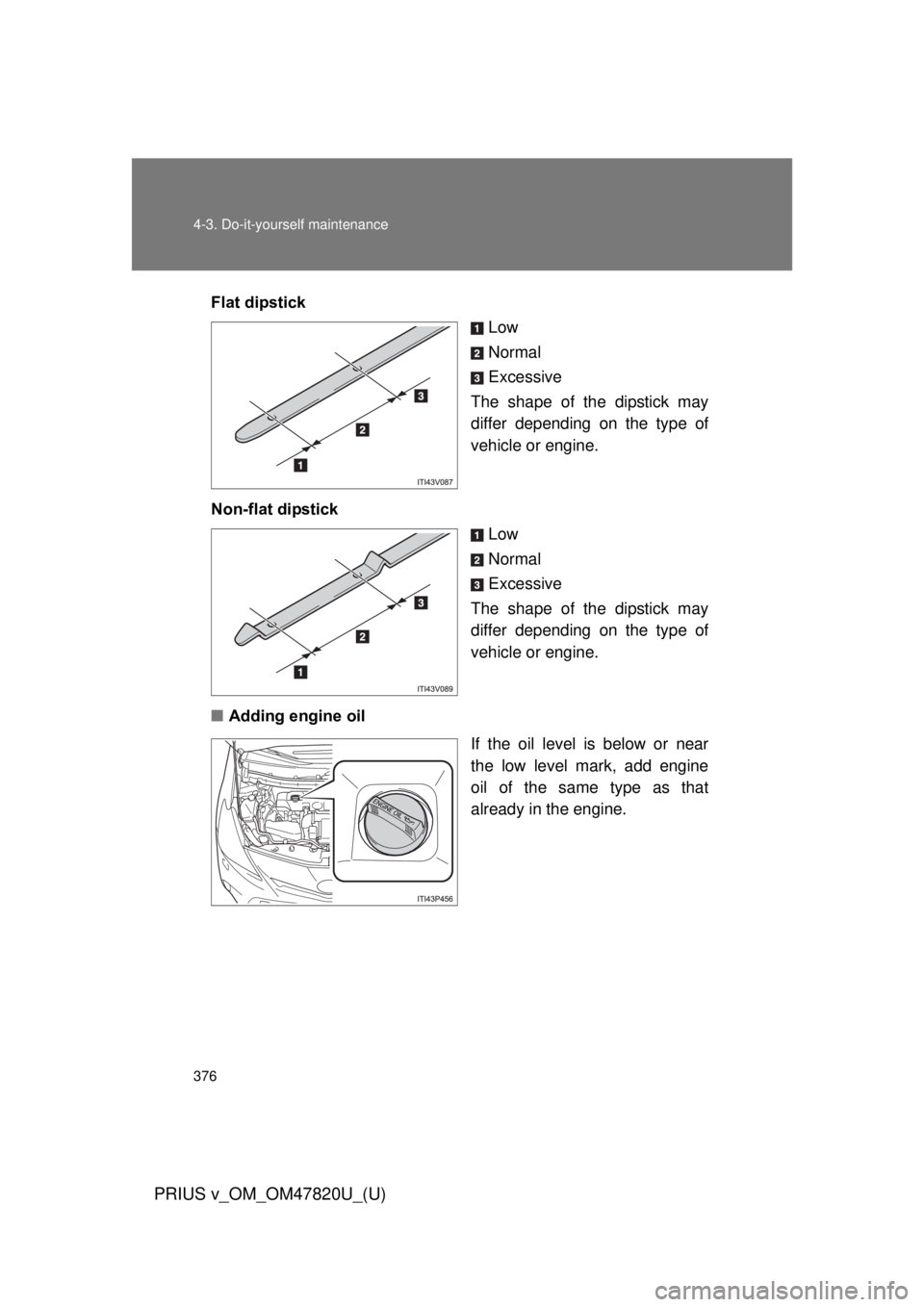 TOYOTA PRIUS V 2013  Owners Manual (in English) 376 4-3. Do-it-yourself maintenance
PRIUS v_OM_OM47820U_(U)
Flat dipstickLow
Normal
Excessive
The shape of the dipstick may
differ depending on the type of
vehicle or engine.
Non-flat dipstick Low
Nor