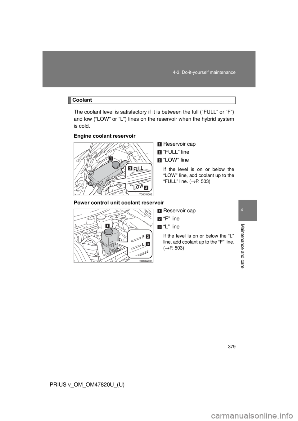 TOYOTA PRIUS V 2013  Owners Manual (in English) 379
4-3. Do-it-yourself maintenance
PRIUS v_OM_OM47820U_(U)
4
Maintenance and care
Coolant
The coolant level is satisfactory if  it is between the full (“FULL” or “F”)
and low (“LOW” or 