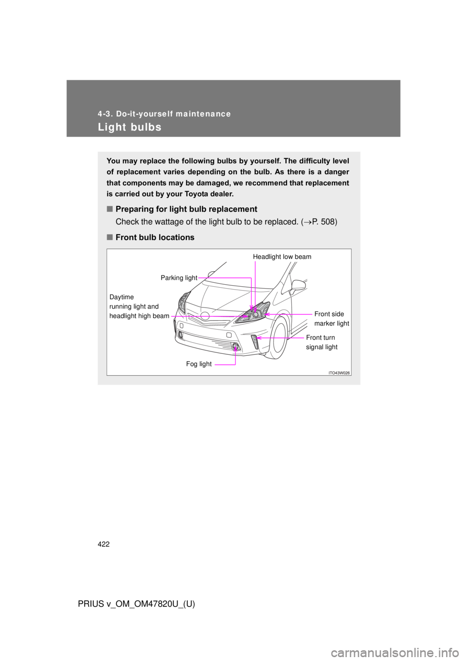 TOYOTA PRIUS V 2013  Owners Manual (in English) 422
4-3. Do-it-yourself maintenance
PRIUS v_OM_OM47820U_(U)
Light bulbs
You may replace the following bulbs by yourself. The difficulty level
of  replacement  varies  depending  on  the  bulb.  As  th
