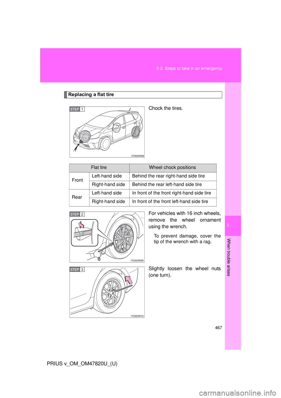 TOYOTA PRIUS V 2013  Owners Manual (in English) 5
When trouble arises
467
5-2. Steps to take in an emergency
PRIUS v_OM_OM47820U_(U)
Replacing a flat tire
Chock the tires.
For vehicles with 16 inch wheels,
remove the wheel ornament
using the wrench