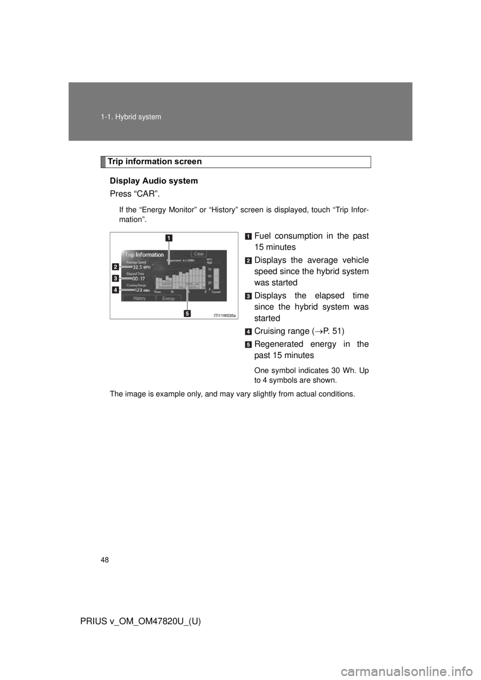 TOYOTA PRIUS V 2013   (in English) Service Manual 48 1-1. Hybrid system
PRIUS v_OM_OM47820U_(U)
Trip information screenDisplay Audio system
Press “CAR”.
If the “Energy Monitor” or “History” screen is displayed, touch “Trip Infor-
mation