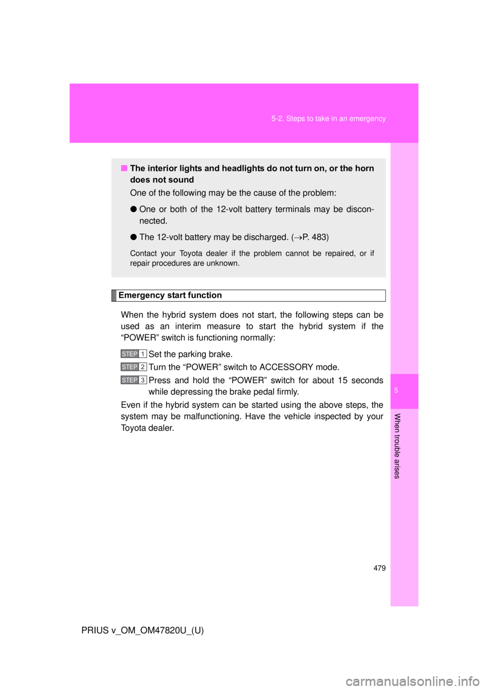 TOYOTA PRIUS V 2013 Owners Manual (in English) 5
When trouble arises
479
5-2. Steps to take in an emergency
PRIUS v_OM_OM47820U_(U)
Emergency start function
When the hybrid system does not start, the following steps can be
used as an interim measu TOYOTA PRIUS V 2013 Owners Manual (in English) 5
When trouble arises
479
5-2. Steps to take in an emergency
PRIUS v_OM_OM47820U_(U)
Emergency start function
When the hybrid system does not start, the following steps can be
used as an interim measu