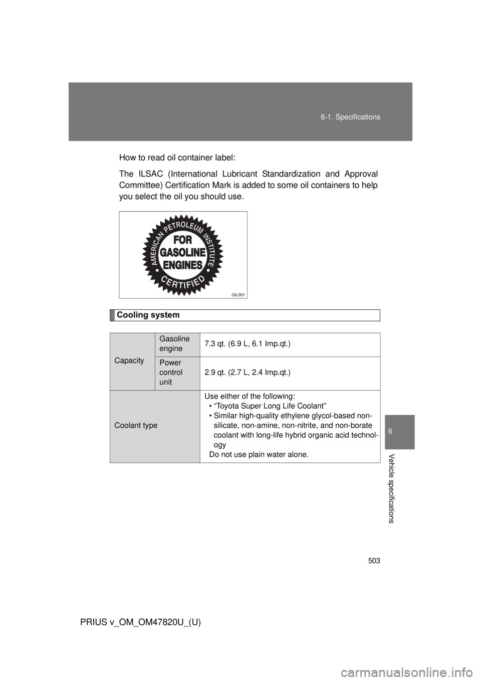 TOYOTA PRIUS V 2013 Owners Manual (in English) 503
6-1. Specifications
6
Vehicle specifications
PRIUS v_OM_OM47820U_(U)
How to read oil container label:
The ILSAC (International Lubric
ant Standardization and Approval
Committee) Certification Mark TOYOTA PRIUS V 2013 Owners Manual (in English) 503
6-1. Specifications
6
Vehicle specifications
PRIUS v_OM_OM47820U_(U)
How to read oil container label:
The ILSAC (International Lubric
ant Standardization and Approval
Committee) Certification Mark