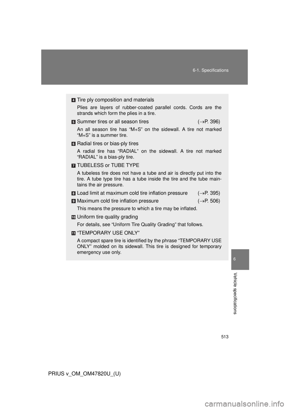 TOYOTA PRIUS V 2013  Owners Manual (in English) 513
6-1. Specifications
6
Vehicle specifications
PRIUS v_OM_OM47820U_(U)
Tire ply composition and materials
Plies are layers of rubber-coated
 parallel cords. Cords are the
strands which form the plie