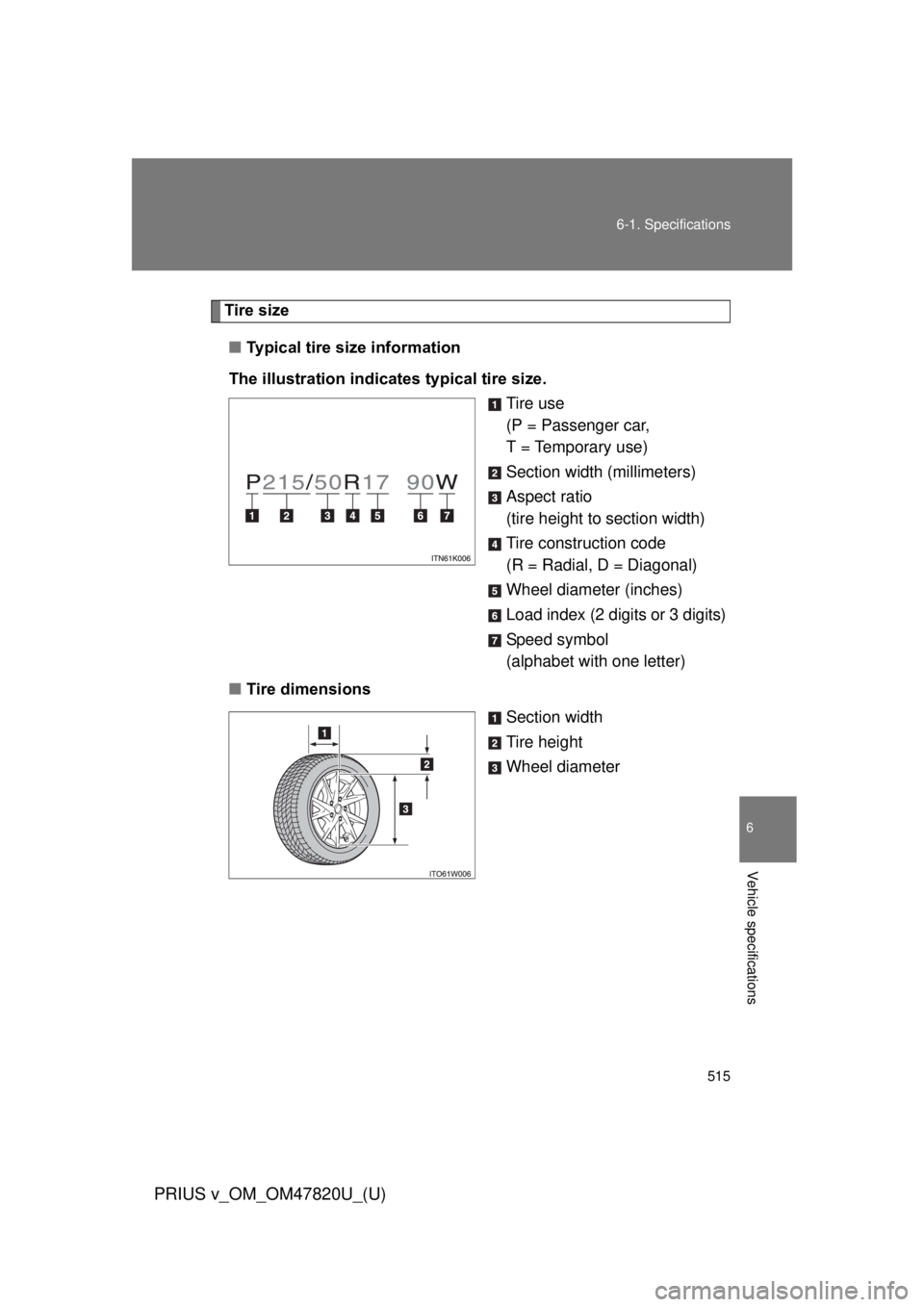 TOYOTA PRIUS V 2013  Owners Manual (in English) 515
6-1. Specifications
6
Vehicle specifications
PRIUS v_OM_OM47820U_(U)
Tire size
■ Typical tire size information
The illustration indicates typical tire size. Tire use
(P = Passenger car, 
T = Tem