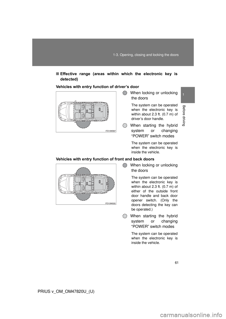 TOYOTA PRIUS V 2013 (in English) Repair Manual 61
1-3. Opening, closing and locking the doors
1
Before driving
PRIUS v_OM_OM47820U_(U)
■
Effective range (areas within which the electronic key is
detected)
Vehicles with entry function of TOYOTA PRIUS V 2013 (in English) Repair Manual 61
1-3. Opening, closing and locking the doors
1
Before driving
PRIUS v_OM_OM47820U_(U)
■
Effective range (areas within which the electronic key is
detected)
Vehicles with entry function of