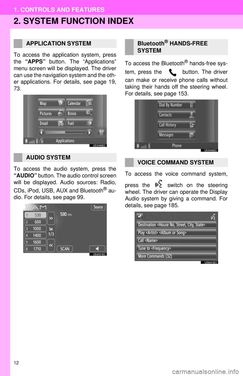 TOYOTA PRIUS V 2013  Accessories, Audio & Navigation (in English) 12
1. CONTROLS AND FEATURES
2. SYSTEM FUNCTION INDEX
To access the application system, press
the  “APPS” button. The “Applications”
menu screen will be displayed. The driver
can use the naviga