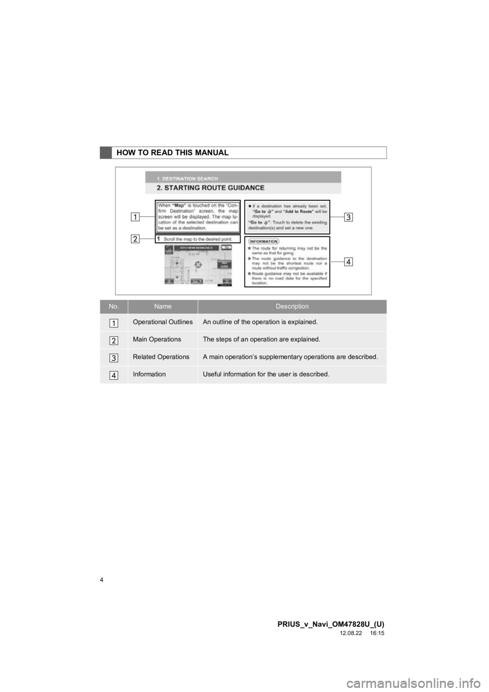 TOYOTA PRIUS V 2013  Accessories, Audio & Navigation (in English) 4
PRIUS_v_Navi_OM47828U_(U)
12.08.22     16:15
HOW TO READ THIS MANUAL
No.NameDescription
Operational OutlinesAn outline of the operation is explained.
Main OperationsThe steps of an operation are exp