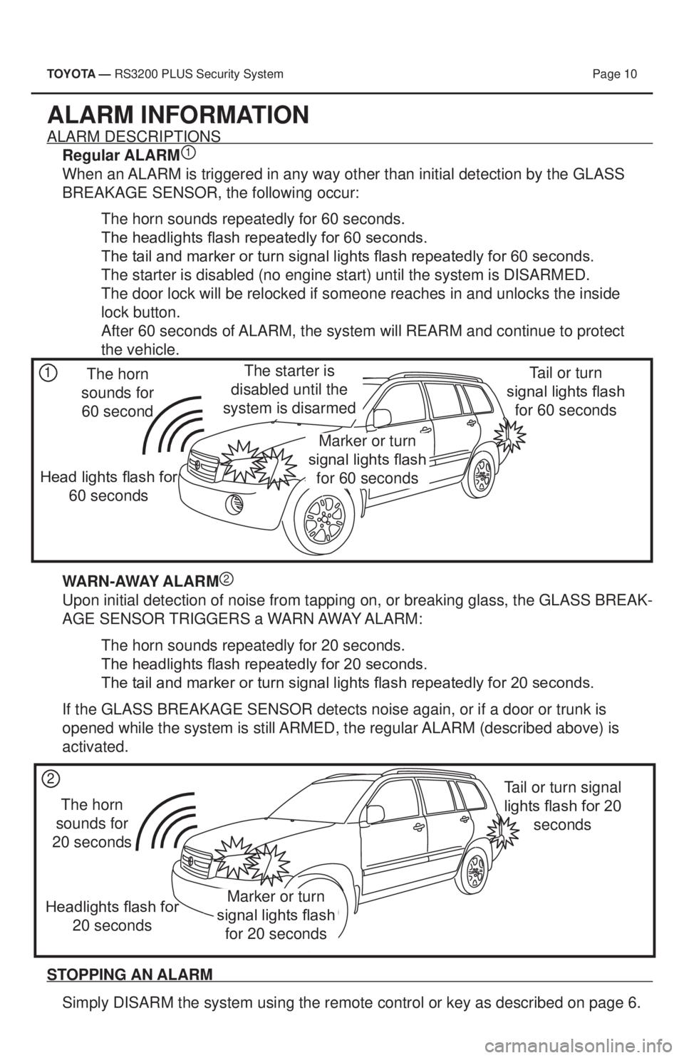 TOYOTA PRIUS V 2013  Accessories, Audio & Navigation (in English) TOYOTA — RS3200 PLUS Security System  Page 10
ALARM INFORMATION
ALARM DESCRIPTIONSRegular ALARM 
When an ALARM is triggered in any way other than initial detection by the GLASS \
BREAKAGE SENSOR, t