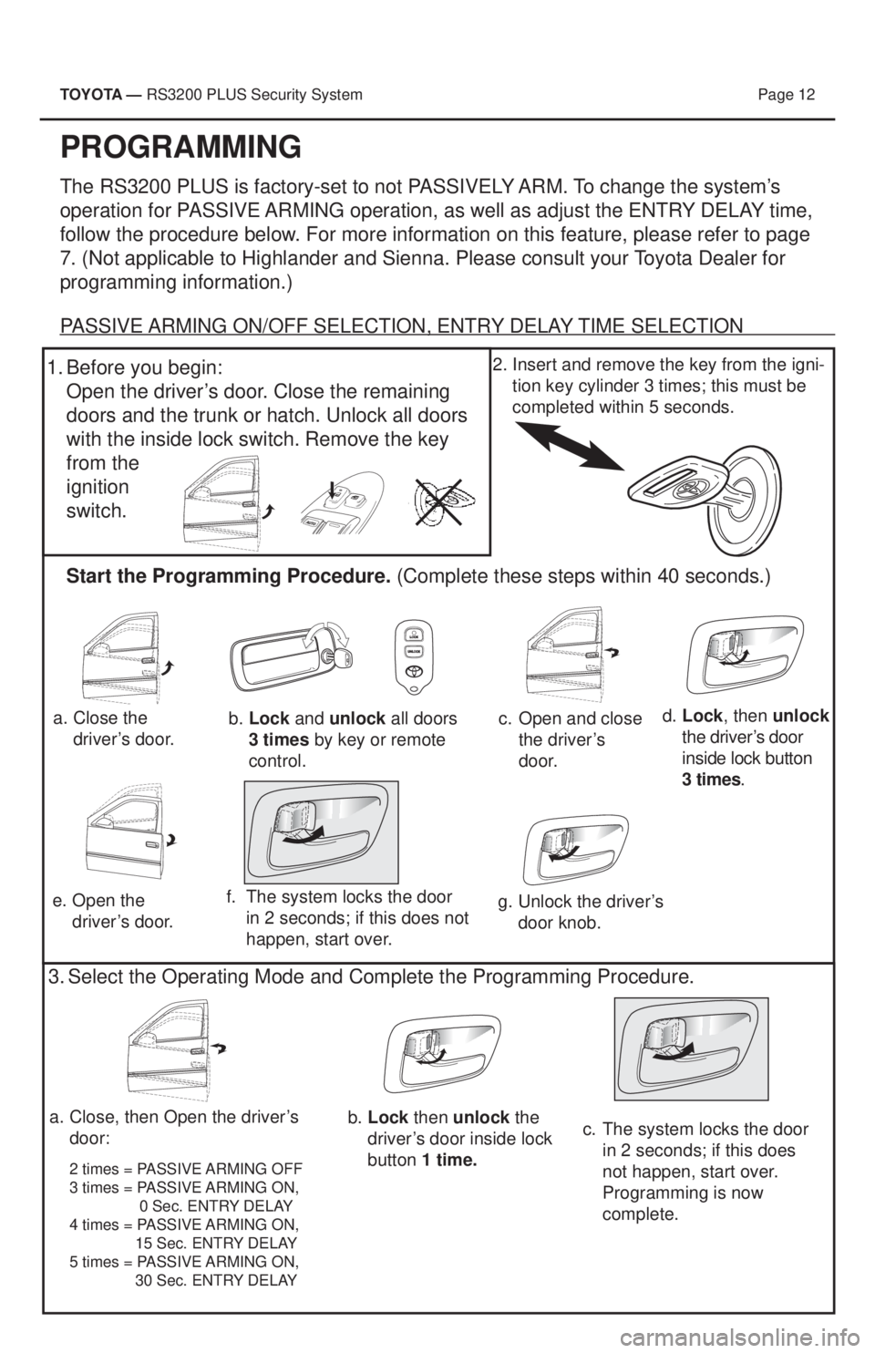 TOYOTA PRIUS V 2013  Accessories, Audio & Navigation (in English) TOYOTA — RS3200 PLUS Security System  Page 12
PROGRAMMING
The RS3200 PLUS is factory-set to not PASSIVELY ARM. To change the system’s 
operation for PASSIVE ARMING operation, as well as adjust the
