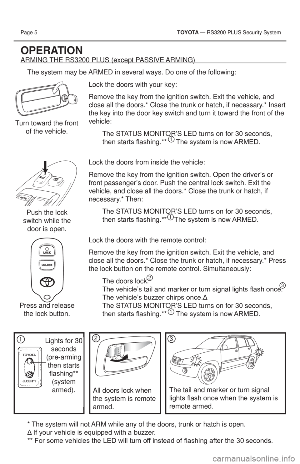 TOYOTA PRIUS V 2013  Accessories, Audio & Navigation (in English) Page 5         T OYOTA — RS3200 PLUS Security System 
OPERATION
ARMING THE RS3200 PLUS (except PASSIVE ARMING)
The system may be ARMED in several ways. Do one of the following: Lock the doors with y