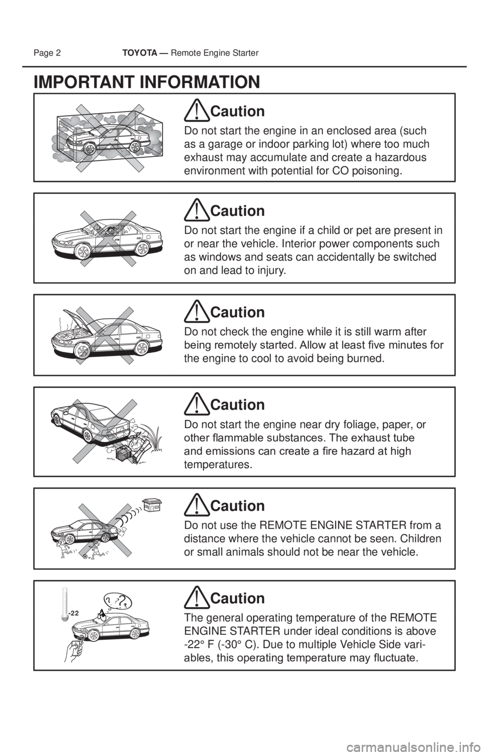 TOYOTA PRIUS V 2013  Accessories, Audio & Navigation (in English) Page 2 TOYOTA — Remote Engine Starter 
IMPORTANT INFORMATION
Caution
Do not start the engine in an enclosed area (such 
as a garage or indoor parking lot) where too much 
exhaust may accumulate and 