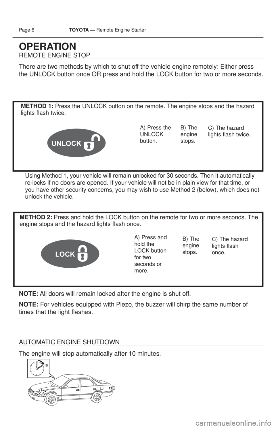 TOYOTA PRIUS V 2013 Accessories, Audio & Navigation (in English) Page 6 TOYOTA — Remote Engine Starter
OPERATION
REMOTE ENGINE STOP
There are two methods by which to shut off the vehicle engine remotely:
Either press
the UNLOCK
button once OR press and ho TOYOTA PRIUS V 2013 Accessories, Audio & Navigation (in English) Page 6 TOYOTA — Remote Engine Starter
OPERATION
REMOTE ENGINE STOP
There are two methods by which to shut off the vehicle engine remotely:
Either press
the UNLOCK
button once OR press and ho
