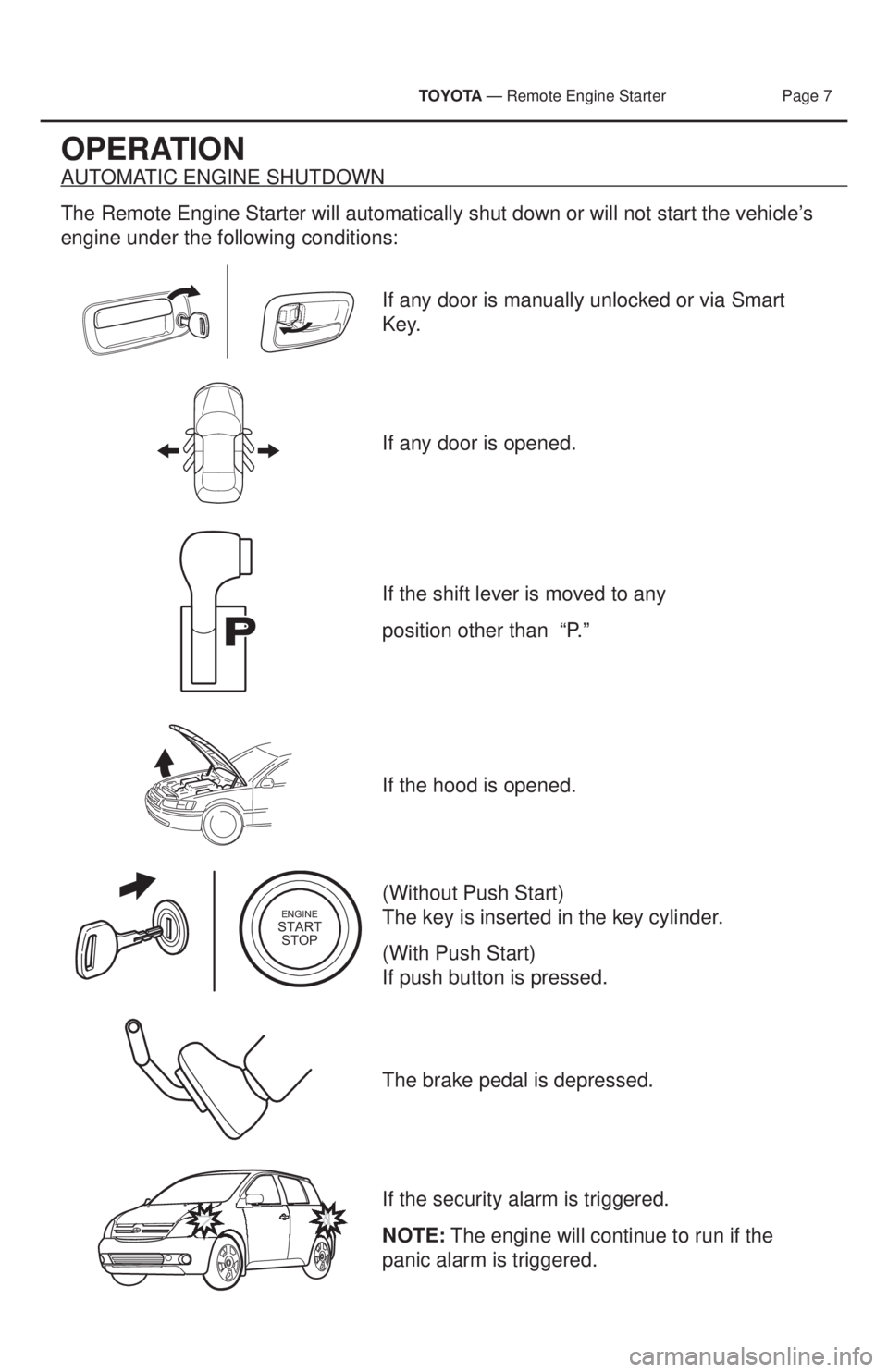 TOYOTA PRIUS V 2013 Accessories, Audio & Navigation (in English) TOYOTA — Remote Engine Starter Page 7
OPERATION
AUTOMATIC ENGINE SHUTDOWN
The Remote Engine Starter will automatically shut down or will not start\
the vehicle’ s
engine under the following co TOYOTA PRIUS V 2013 Accessories, Audio & Navigation (in English) TOYOTA — Remote Engine Starter Page 7
OPERATION
AUTOMATIC ENGINE SHUTDOWN
The Remote Engine Starter will automatically shut down or will not start\
the vehicle’ s
engine under the following co