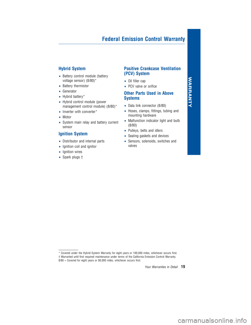 TOYOTA PRIUS V 2013  Warranties & Maintenance Guides (in English) JOBNAME: 1176948-2013-prvWG-E PAGE: 19 SESS: 11 OUTPUT: Thu Oct 4 09:34:43 2012 
/tweddle/toyota/sched-maint/1176948-en-prv/wg
Hybrid System
•Battery control module (battery 
voltage sensor) (8/80)*