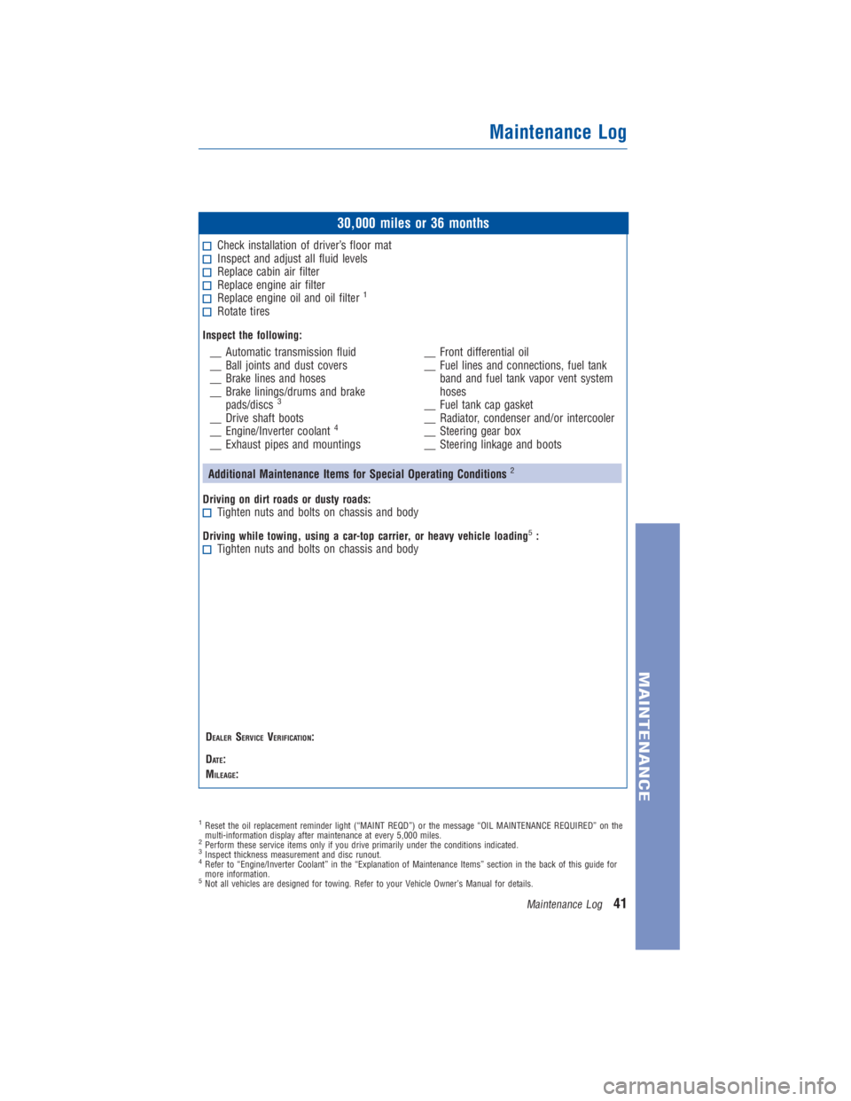 TOYOTA PRIUS V 2013  Warranties & Maintenance Guides (in English) JOBNAME: 1176948-2013-prvWG-E PAGE: 41 SESS: 11 OUTPUT: Thu Oct 4 09:34:43 2012 
/tweddle/toyota/sched-maint/1176948-en-prv/wg
30,000 miles or 36 months
Check installation of driver’s floor matInspe