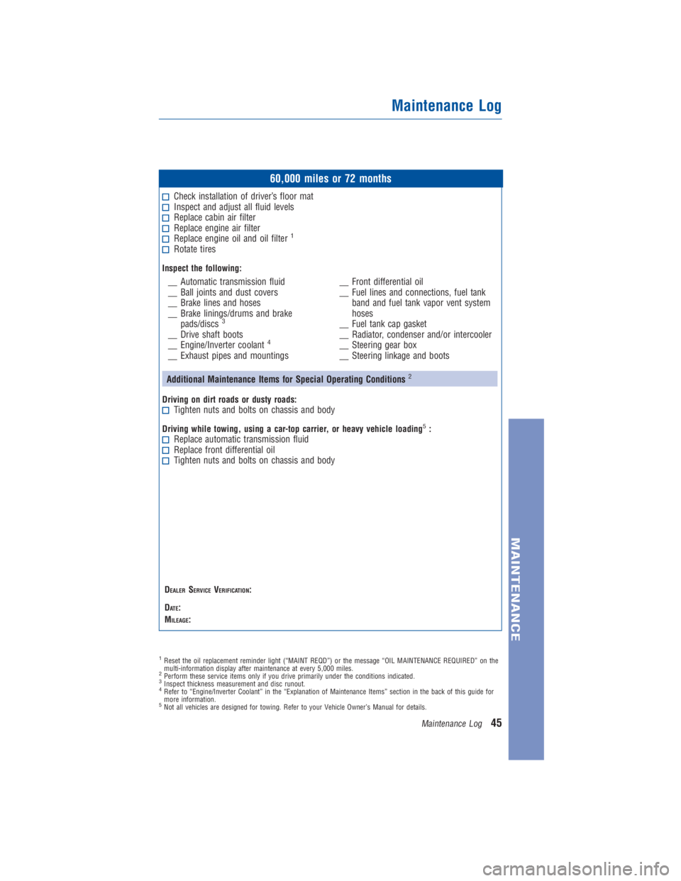 TOYOTA PRIUS V 2013  Warranties & Maintenance Guides (in English) JOBNAME: 1176948-2013-prvWG-E PAGE: 45 SESS: 11 OUTPUT: Thu Oct 4 09:34:43 2012 
/tweddle/toyota/sched-maint/1176948-en-prv/wg
60,000 miles or 72 months
Check installation of driver’s floor matInspe