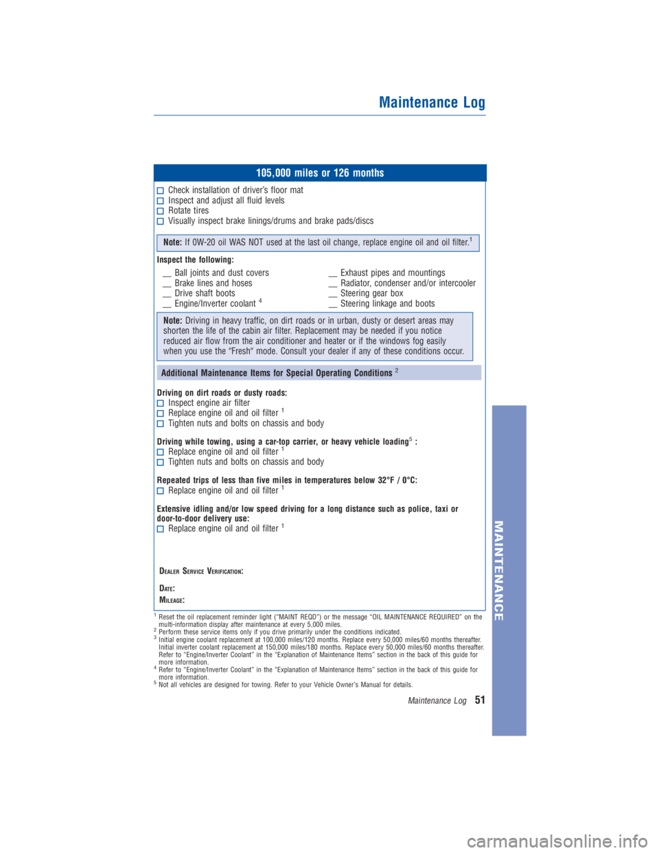 TOYOTA PRIUS V 2013  Warranties & Maintenance Guides (in English) JOBNAME: 1176948-2013-prvWG-E PAGE: 51 SESS: 11 OUTPUT: Thu Oct 4 09:34:43 2012 
/tweddle/toyota/sched-maint/1176948-en-prv/wg
105,000 miles or 126 months
Check installation of driver’s floor matIns