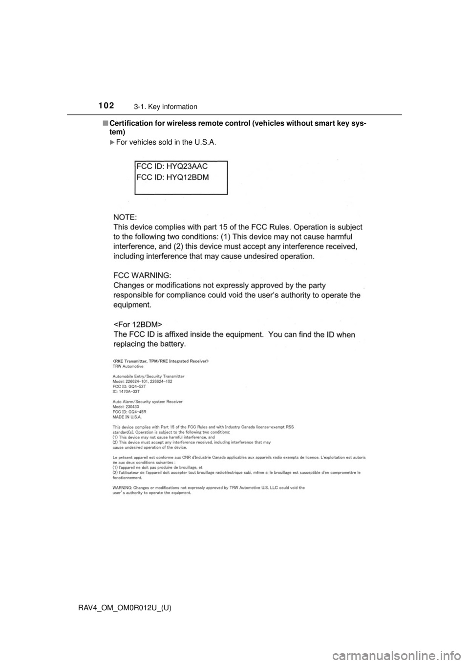 TOYOTA RAV4 2018 Owners Manual (in English) 102
RAV4_OM_OM0R012U_(U)
3-1. Key information
■Certification for wireless remote co ntrol (vehicles without smart key sys-
tem)
For vehicles sold in the U.S.A. TOYOTA RAV4 2018 Owners Manual (in English) 102
RAV4_OM_OM0R012U_(U)
3-1. Key information
■Certification for wireless remote co ntrol (vehicles without smart key sys-
tem)
For vehicles sold in the U.S.A.