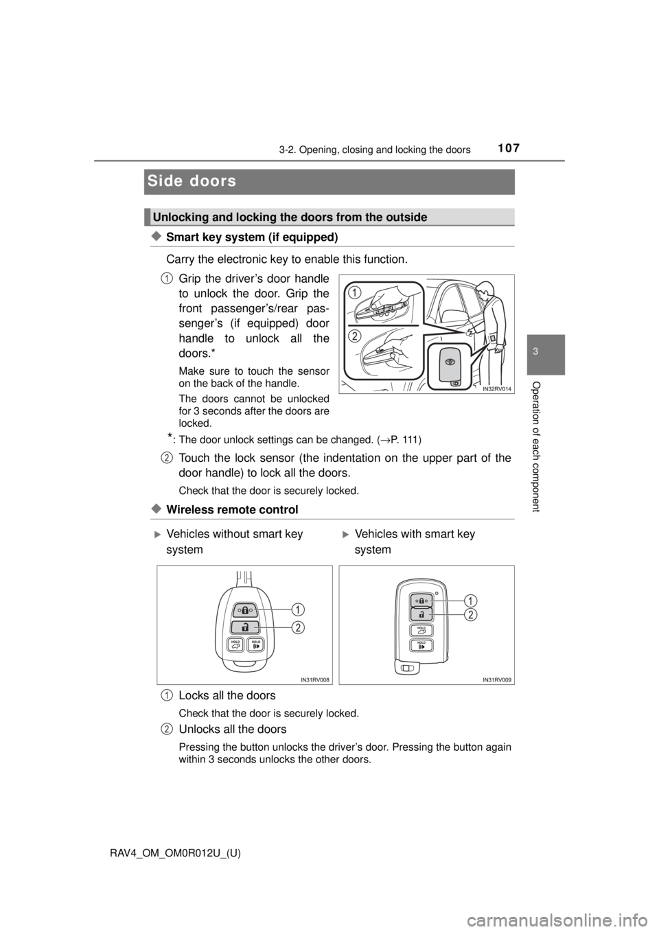 TOYOTA RAV4 2018  Owners Manual (in English) 107
RAV4_OM_OM0R012U_(U)
3-2. Opening, closing and locking the doors
3
Operation of each component
Side doors
◆Smart key system (if equipped)
Carry the electronic key to enable this function.Grip th