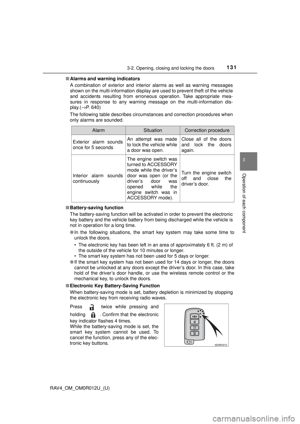 TOYOTA RAV4 2018  Owners Manual (in English) RAV4_OM_OM0R012U_(U)
1313-2. Opening, closing and locking the doors
3
Operation of each component
■Alarms and warning indicators
A combination of exterior and interior alarms as well as warning mess