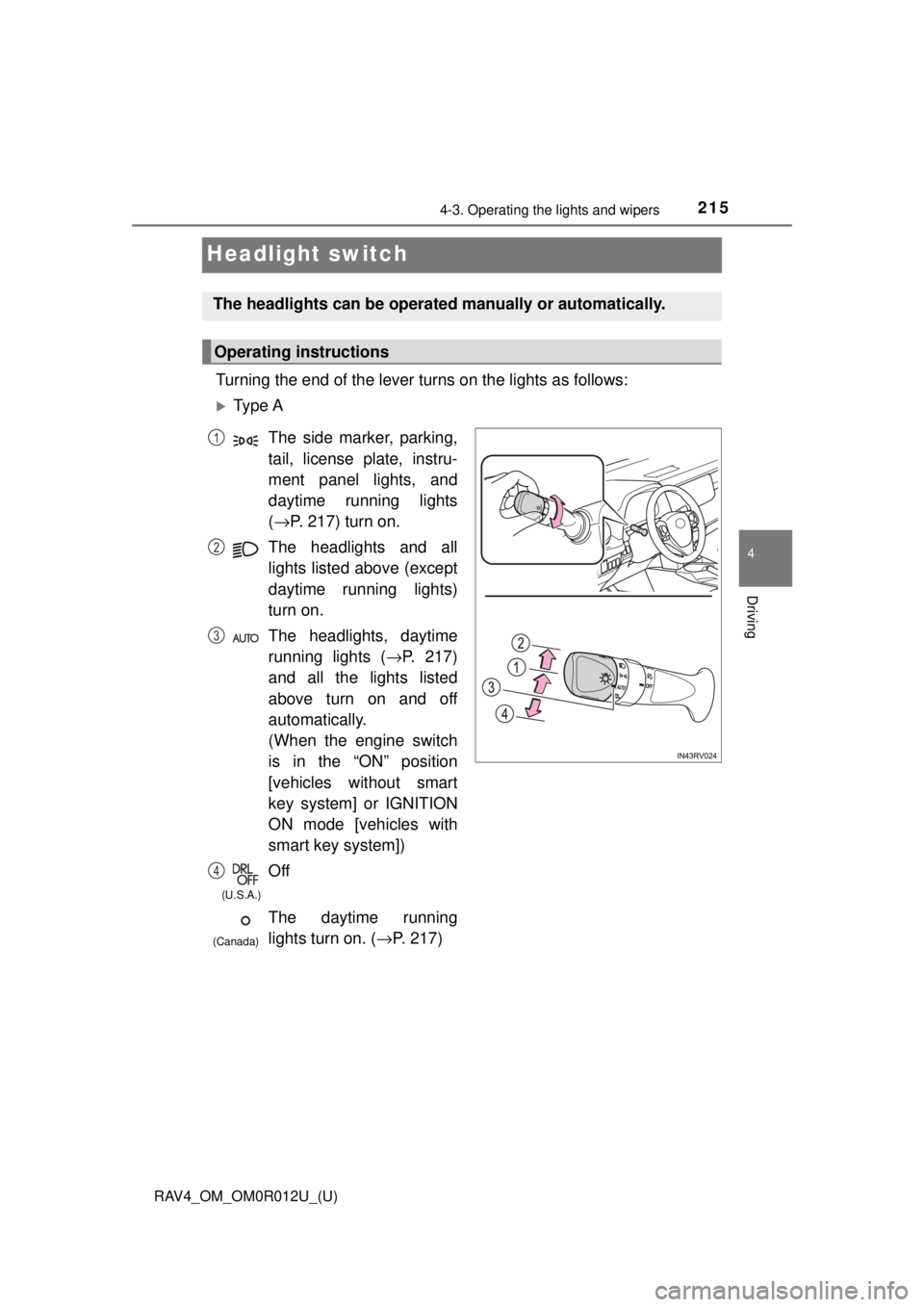 TOYOTA RAV4 2018 Owners Manual (in English) 215
RAV4_OM_OM0R012U_(U)
4-3. Operating the lights and wipers
4
Driving
Headlight switch
Turning the end of the lever turns on the lights as follows:
Ty p e A
The headlights can be operated manual TOYOTA RAV4 2018 Owners Manual (in English) 215
RAV4_OM_OM0R012U_(U)
4-3. Operating the lights and wipers
4
Driving
Headlight switch
Turning the end of the lever turns on the lights as follows:
Ty p e A
The headlights can be operated manual
