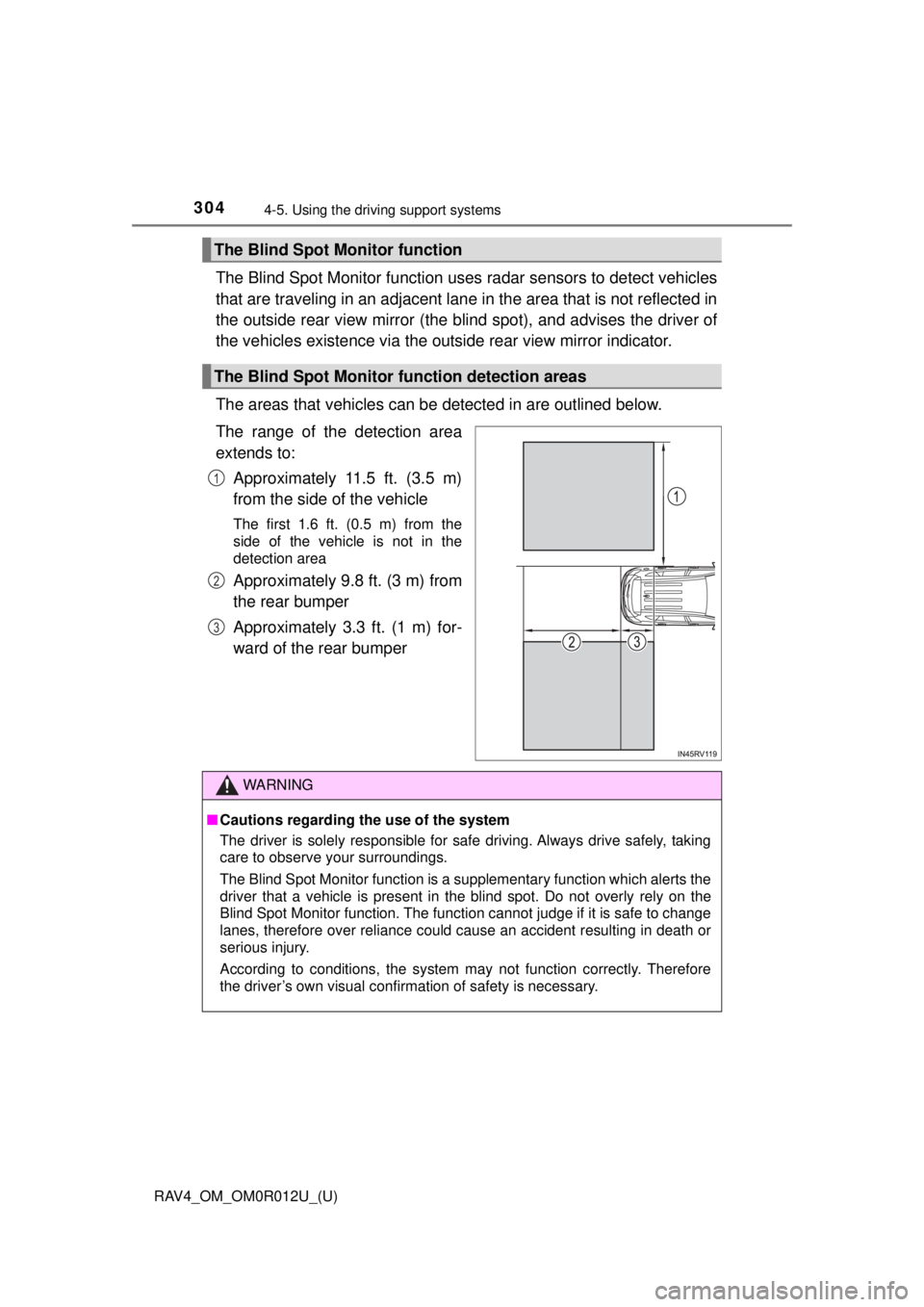 TOYOTA RAV4 2018 (in English) Workshop Manual 304
RAV4_OM_OM0R012U_(U)
4-5. Using the driving support systems
The Blind Spot Monitor function uses radar sensors to detect vehicles
that are traveling in an adjacent lane in the area that is not r TOYOTA RAV4 2018 (in English) Workshop Manual 304
RAV4_OM_OM0R012U_(U)
4-5. Using the driving support systems
The Blind Spot Monitor function uses radar sensors to detect vehicles
that are traveling in an adjacent lane in the area that is not r