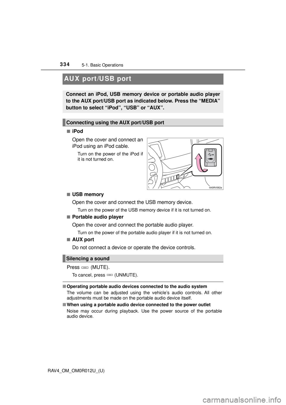 TOYOTA RAV4 2018  Owners Manual (in English) 334
RAV4_OM_OM0R012U_(U)
5-1. Basic Operations
AUX port/USB port
■iPod
Open the cover and connect an
iPod using an iPod cable.
Turn on the power of the iPod if
it is not turned on.
■
USB memory
Op