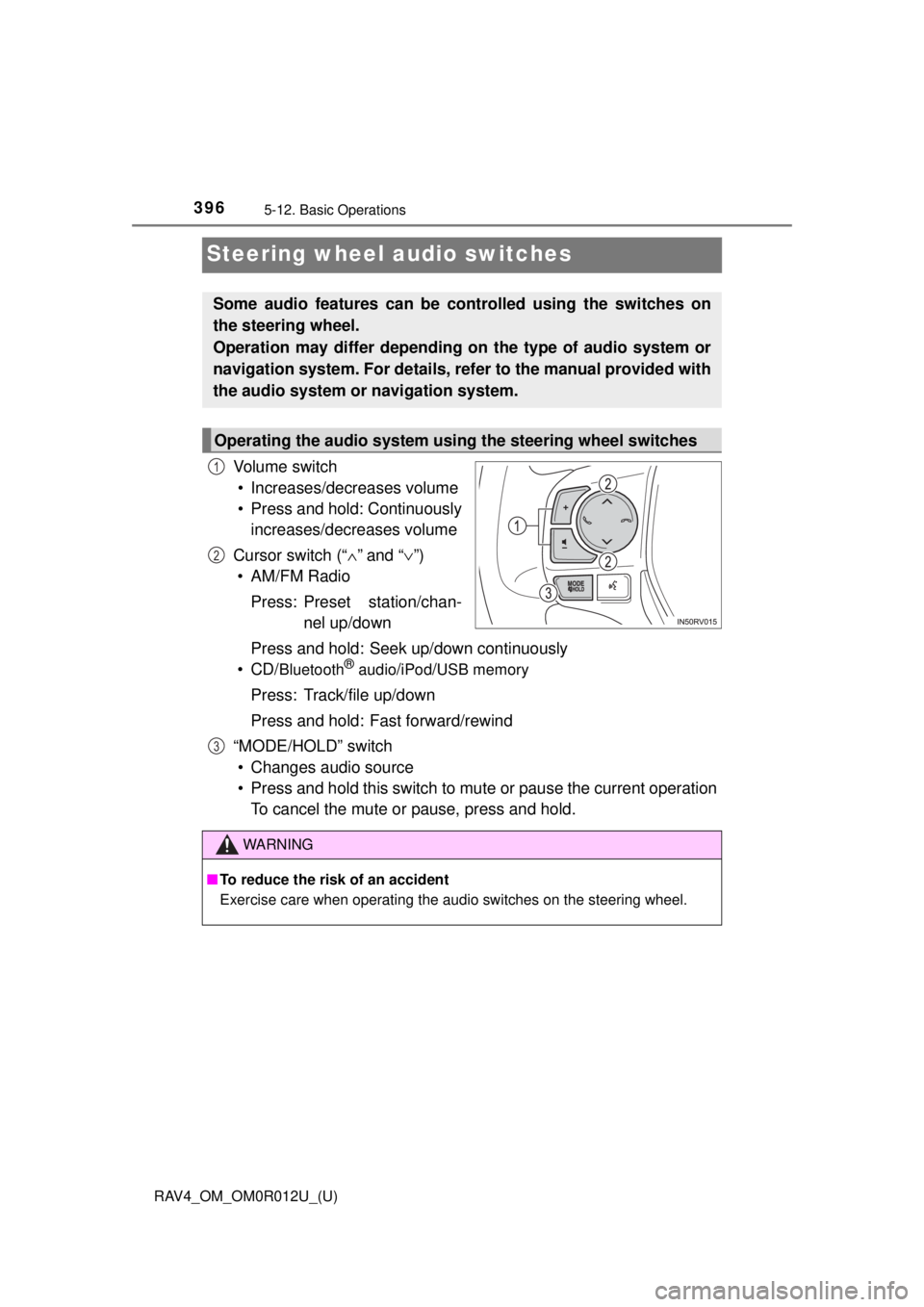 TOYOTA RAV4 2018 Owners Manual (in English) 396
RAV4_OM_OM0R012U_(U)
5-12. Basic Operations
Steering wheel audio switches
Vo l u m e s w i t c h• Increases/decreases volume
• Press and hold: Continuously increases/decreases volume
Cursor s TOYOTA RAV4 2018 Owners Manual (in English) 396
RAV4_OM_OM0R012U_(U)
5-12. Basic Operations
Steering wheel audio switches
Vo l u m e s w i t c h• Increases/decreases volume
• Press and hold: Continuously increases/decreases volume
Cursor s