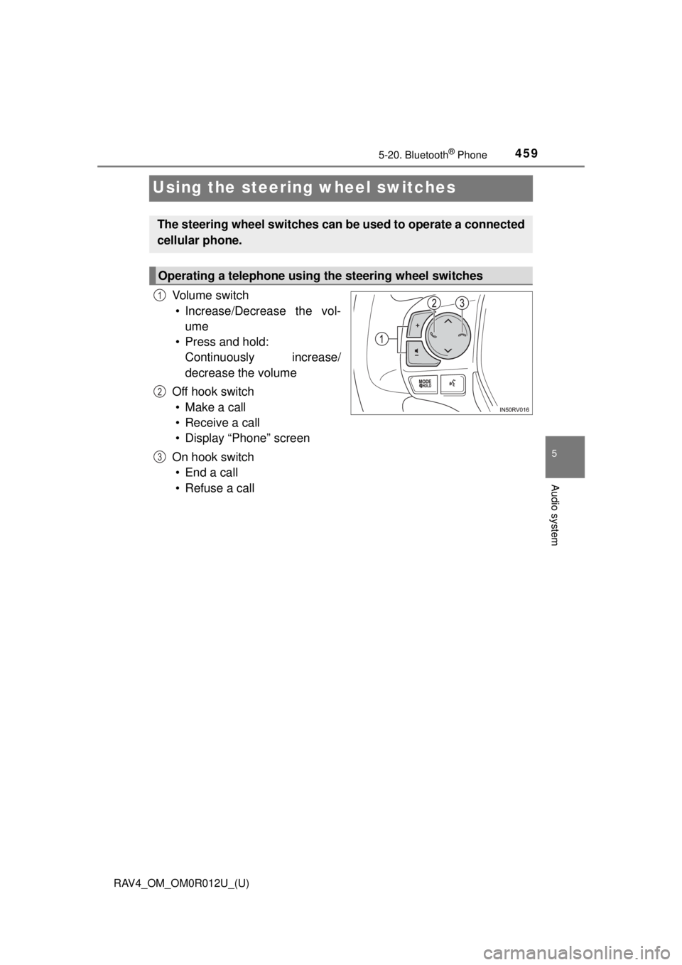 TOYOTA RAV4 2018 Owners Manual (in English) 459
RAV4_OM_OM0R012U_(U)
5-20. Bluetooth® Phone
5
Audio system
Using the steering wheel switches
Vo l u m e s w i t c h
• Increase/Decrease the vol- ume
• Press and hold: Continuously increase/ TOYOTA RAV4 2018 Owners Manual (in English) 459
RAV4_OM_OM0R012U_(U)
5-20. Bluetooth® Phone
5
Audio system
Using the steering wheel switches
Vo l u m e s w i t c h
• Increase/Decrease the vol- ume
• Press and hold: Continuously increase/
