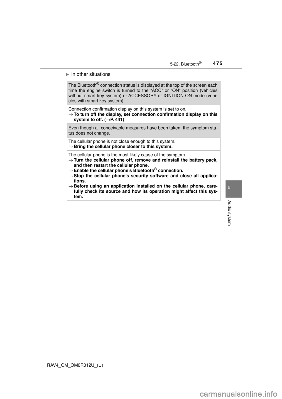 TOYOTA RAV4 2018 Owners Manual (in English) RAV4_OM_OM0R012U_(U)
4755-22. Bluetooth®
5
Audio system
In other situations
The Bluetooth® connection status is displayed at the top of the screen each
time the engine switch is turned to the “ TOYOTA RAV4 2018 Owners Manual (in English) RAV4_OM_OM0R012U_(U)
4755-22. Bluetooth®
5
Audio system
In other situations
The Bluetooth® connection status is displayed at the top of the screen each
time the engine switch is turned to the “
