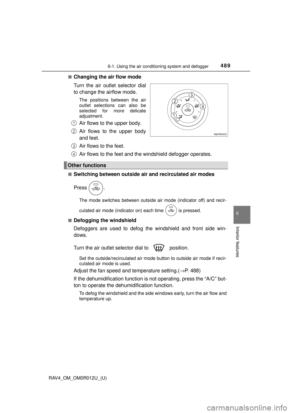 TOYOTA RAV4 2018  Owners Manual (in English) RAV4_OM_OM0R012U_(U)
4896-1. Using the air conditioning system and defogger
6
Interior features
■Changing the air flow mode
Turn the air outlet selector dial
to change the airflow mode.
The position