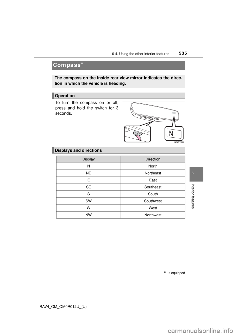 TOYOTA RAV4 2018 Owners Manual (in English) 535
RAV4_OM_OM0R012U_(U)
6-4. Using the other interior features
6
Interior features
Compass∗
To turn the compass on or off,
press and hold the switch for 3
seconds.
∗: If equipped
The compass on t TOYOTA RAV4 2018 Owners Manual (in English) 535
RAV4_OM_OM0R012U_(U)
6-4. Using the other interior features
6
Interior features
Compass∗
To turn the compass on or off,
press and hold the switch for 3
seconds.
∗: If equipped
The compass on t