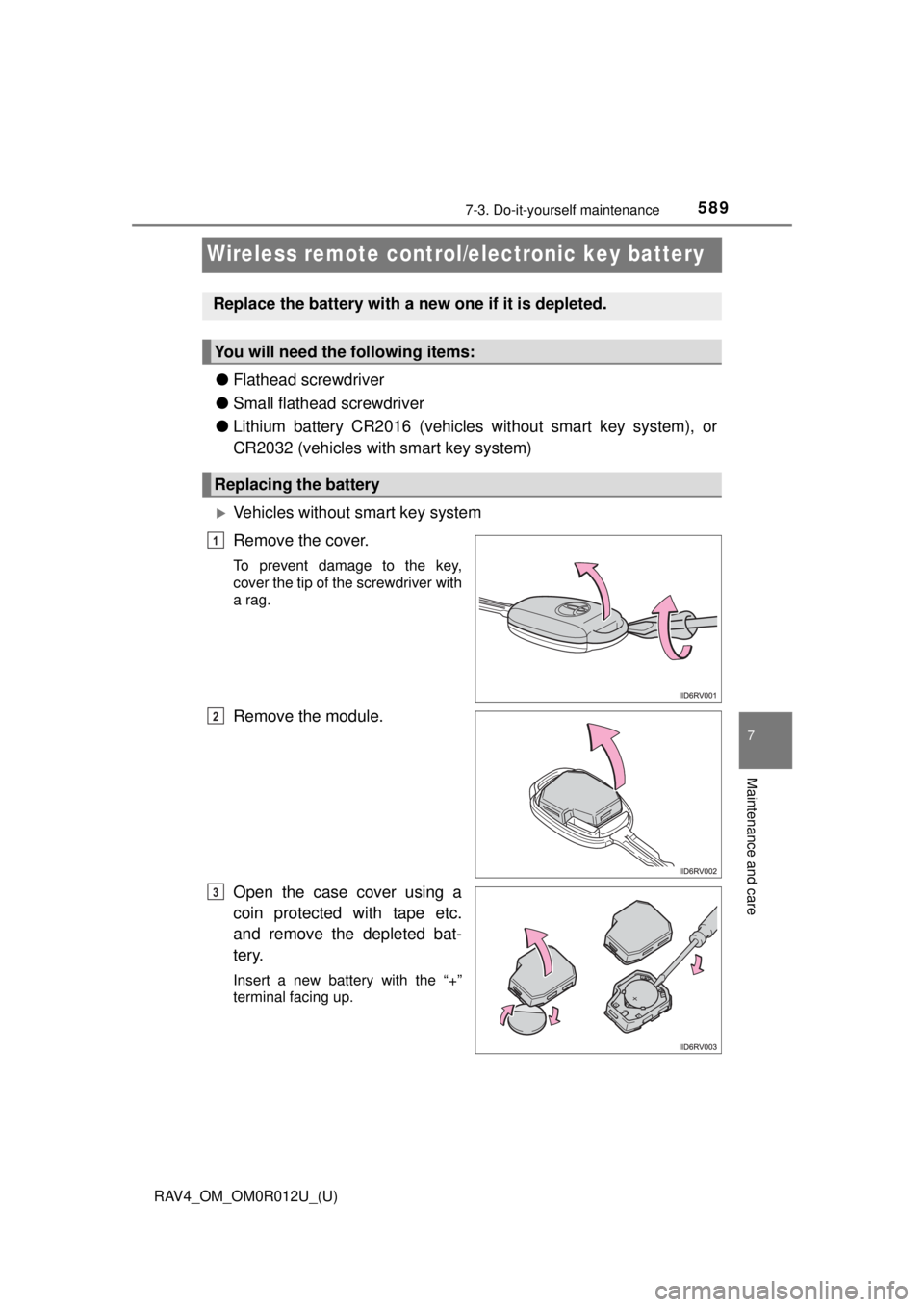 TOYOTA RAV4 2018 Owners Manual (in English) 589
RAV4_OM_OM0R012U_(U)
7-3. Do-it-yourself maintenance
7
Maintenance and care
Wireless remote control/electronic key battery
●Flathead screwdriver
● Small flathead screwdriver
● Lithium batter TOYOTA RAV4 2018 Owners Manual (in English) 589
RAV4_OM_OM0R012U_(U)
7-3. Do-it-yourself maintenance
7
Maintenance and care
Wireless remote control/electronic key battery
●Flathead screwdriver
● Small flathead screwdriver
● Lithium batter