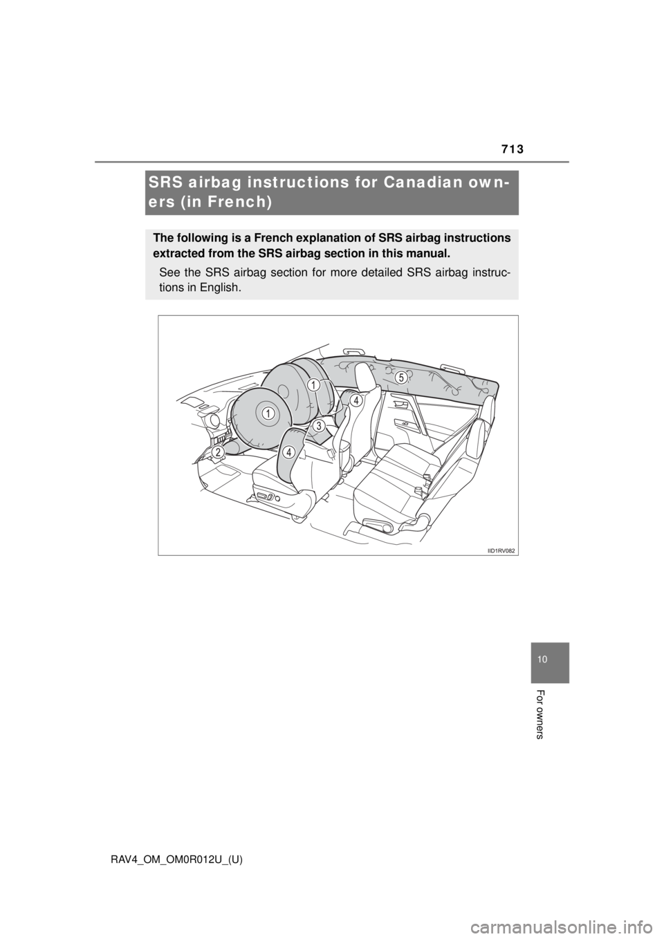 TOYOTA RAV4 2018 Owners Manual (in English) 713
RAV4_OM_OM0R012U_(U)
10
For owners
SRS airbag instructions for Canadian own-
ers (in French)
The following is a French explanation of SRS airbag instructions
extracted from the SRS airbag section TOYOTA RAV4 2018 Owners Manual (in English) 713
RAV4_OM_OM0R012U_(U)
10
For owners
SRS airbag instructions for Canadian own-
ers (in French)
The following is a French explanation of SRS airbag instructions
extracted from the SRS airbag section