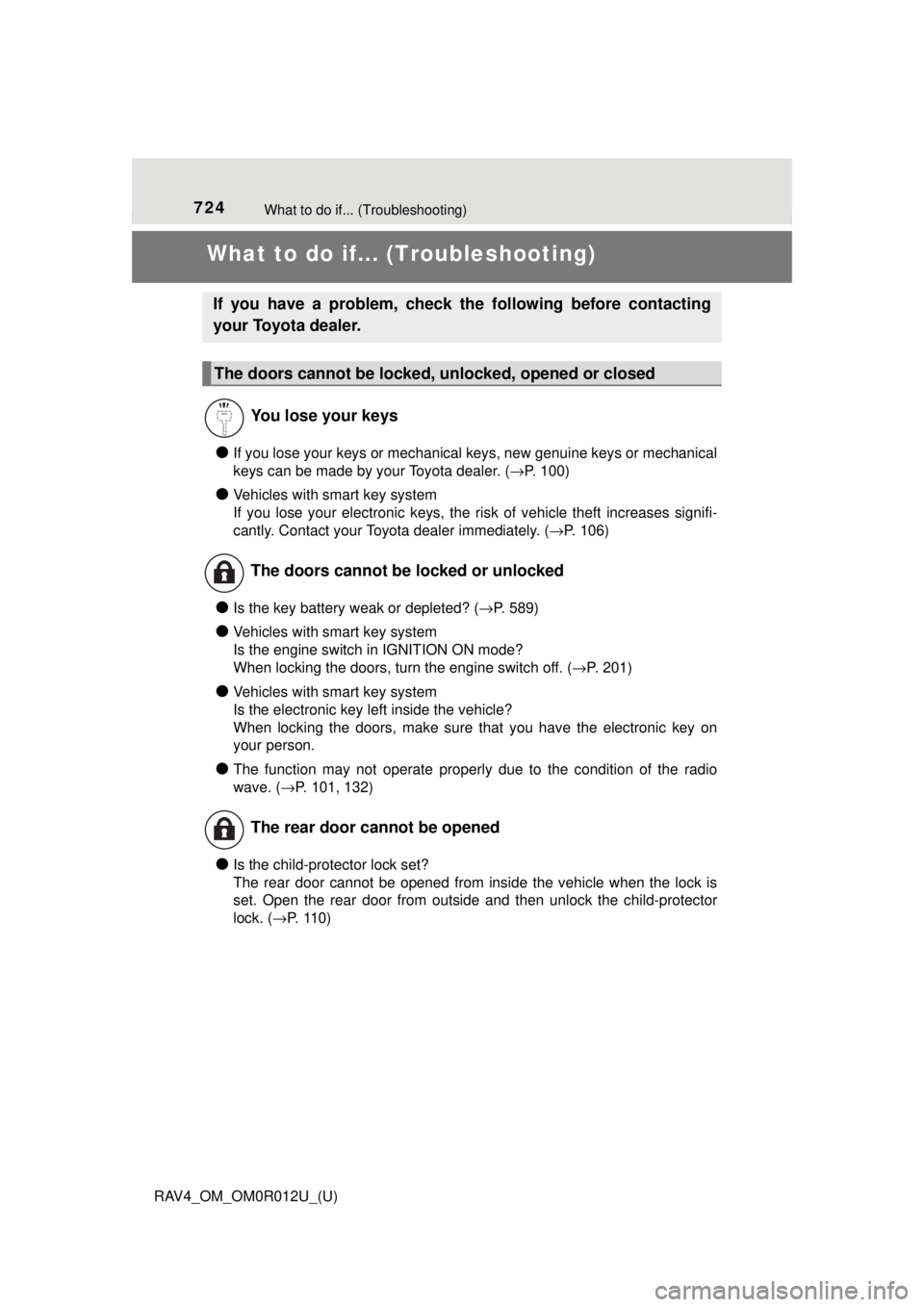 TOYOTA RAV4 2018 Owners Manual (in English) 724What to do if... (Troubleshooting)
RAV4_OM_OM0R012U_(U)
What to do if... (Troubleshooting)
●If you lose your keys or mechanical keys, new genuine keys or mechanical
keys can be made by your Toyot TOYOTA RAV4 2018 Owners Manual (in English) 724What to do if... (Troubleshooting)
RAV4_OM_OM0R012U_(U)
What to do if... (Troubleshooting)
●If you lose your keys or mechanical keys, new genuine keys or mechanical
keys can be made by your Toyot