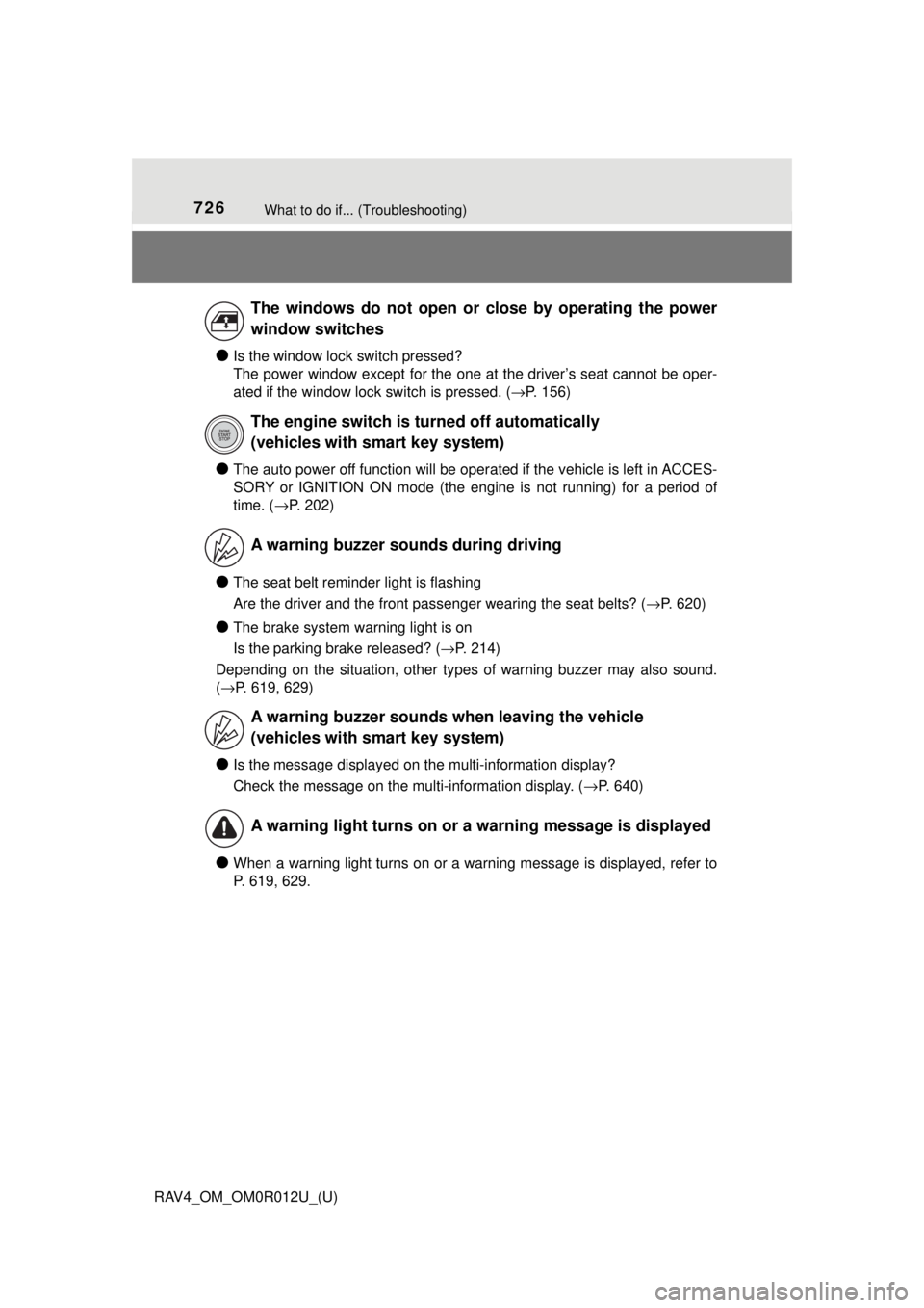 TOYOTA RAV4 2018 Owners Manual (in English) 726What to do if... (Troubleshooting)
RAV4_OM_OM0R012U_(U)
●Is the window lock switch pressed?
The power window except for the one at the driver’s seat cannot be oper-
ated if the window lock swi TOYOTA RAV4 2018 Owners Manual (in English) 726What to do if... (Troubleshooting)
RAV4_OM_OM0R012U_(U)
●Is the window lock switch pressed?
The power window except for the one at the driver’s seat cannot be oper-
ated if the window lock swi