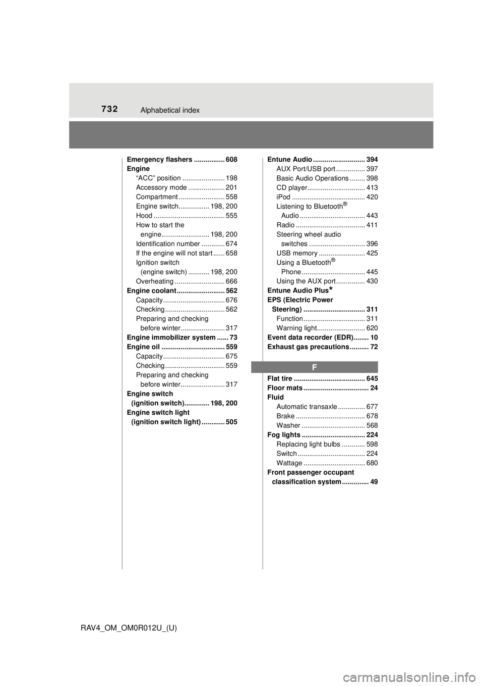 TOYOTA RAV4 2018 Owners Manual (in English) 732Alphabetical index
RAV4_OM_OM0R012U_(U)
Emergency flashers ................ 608
Engine“ACC” position ...................... 198
Accessory mode ................... 201
Compartment .............. TOYOTA RAV4 2018 Owners Manual (in English) 732Alphabetical index
RAV4_OM_OM0R012U_(U)
Emergency flashers ................ 608
Engine“ACC” position ...................... 198
Accessory mode ................... 201
Compartment ..............