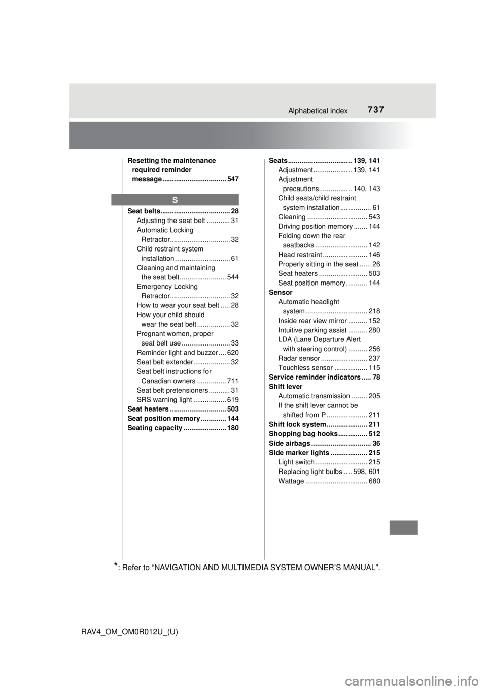 TOYOTA RAV4 2018  Owners Manual (in English) 737Alphabetical index
RAV4_OM_OM0R012U_(U)
Resetting the maintenance required reminder 
message ................................. 547
Seat belts.................................... 28 Adjusting the se