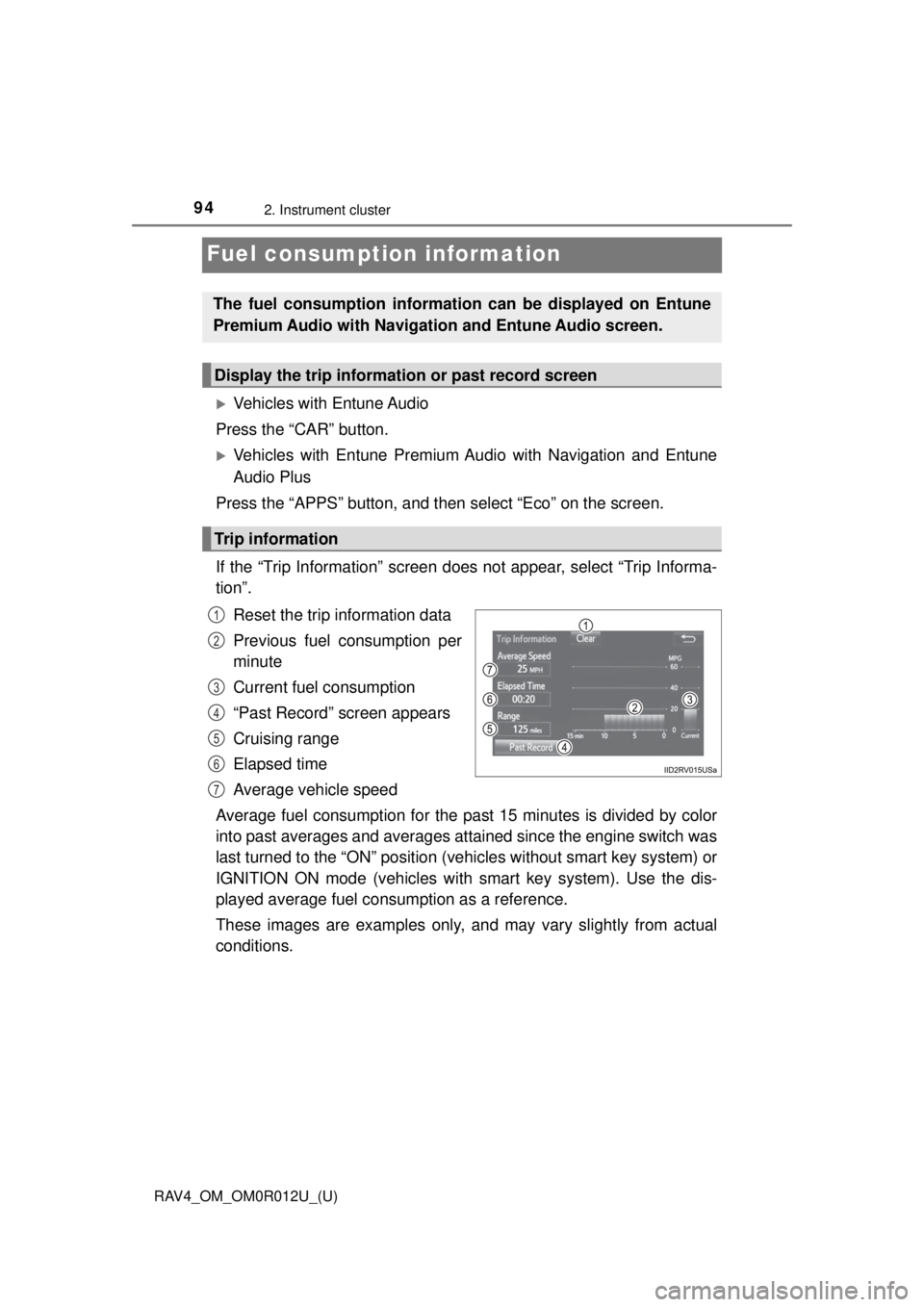 TOYOTA RAV4 2018 Owners Manual (in English) 94
RAV4_OM_OM0R012U_(U)
2. Instrument cluster
Fuel consumption information
Vehicles with Entune Audio
Press the “CAR” button.
Vehicles with Entune Premium Audio with Navigation and Entune
Au TOYOTA RAV4 2018 Owners Manual (in English) 94
RAV4_OM_OM0R012U_(U)
2. Instrument cluster
Fuel consumption information
Vehicles with Entune Audio
Press the “CAR” button.
Vehicles with Entune Premium Audio with Navigation and Entune
Au