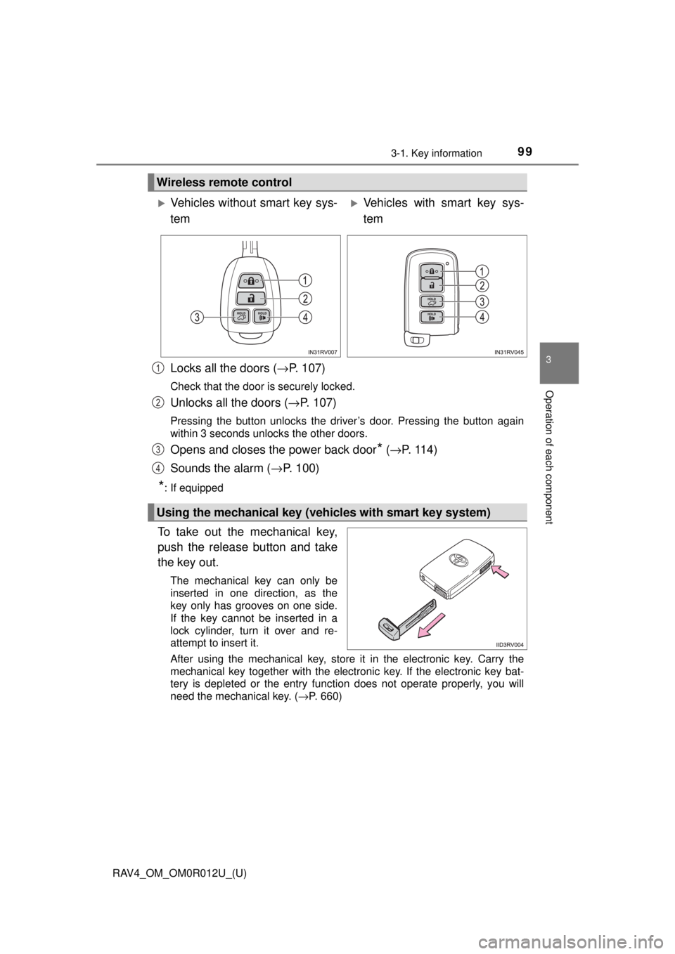 TOYOTA RAV4 2018  Owners Manual (in English) RAV4_OM_OM0R012U_(U)
993-1. Key information
3
Operation of each component
Locks all the doors (→P. 107)
Check that the door is securely locked.
Unlocks all the doors ( →P. 107)
Pressing the button
