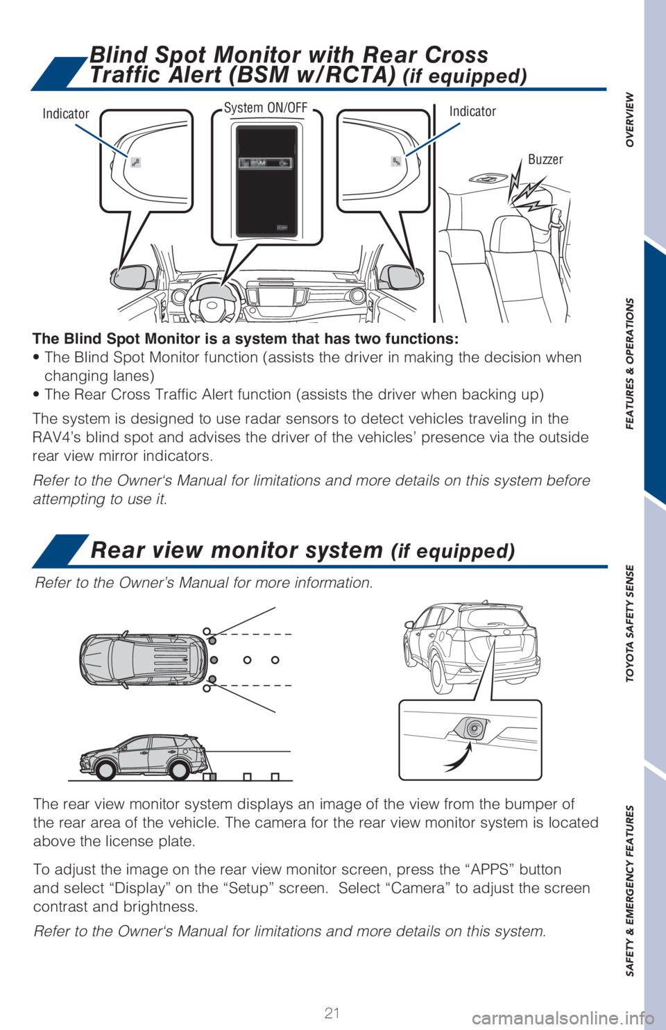 TOYOTA RAV4 2018 (in English) Owners Manual 21
OVERVIEW FEATURES & OPERATIONS TOYOTA SAFETY SENSE SAFETY & EMERGENCY FEATURES
The Blind Spot Monitor is a system that has two functions:
• The Blind Spot Monitor function (assists the driver in TOYOTA RAV4 2018 (in English) Owners Manual 21
OVERVIEW FEATURES & OPERATIONS TOYOTA SAFETY SENSE SAFETY & EMERGENCY FEATURES
The Blind Spot Monitor is a system that has two functions:
• The Blind Spot Monitor function (assists the driver in