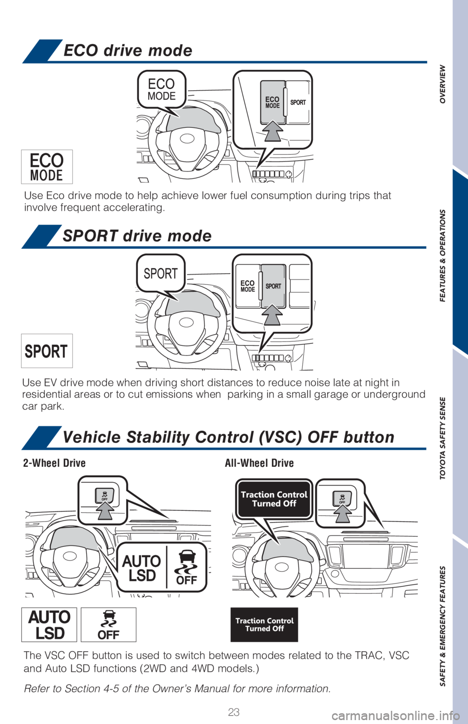 TOYOTA RAV4 2018 (in English) Owners Manual 23
OVERVIEW FEATURES & OPERATIONS TOYOTA SAFETY SENSE SAFETY & EMERGENCY FEATURES
Vehicle Stability Control (VSC) OFF button
The VSC OFF button is used to switch between modes related to the TRAC, VSC TOYOTA RAV4 2018 (in English) Owners Manual 23
OVERVIEW FEATURES & OPERATIONS TOYOTA SAFETY SENSE SAFETY & EMERGENCY FEATURES
Vehicle Stability Control (VSC) OFF button
The VSC OFF button is used to switch between modes related to the TRAC, VSC