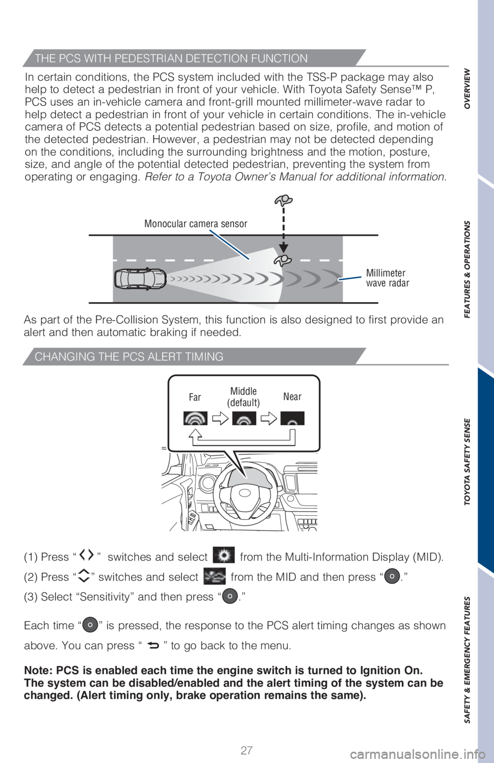 TOYOTA RAV4 2018 (in English) Owners Manual 27
OVERVIEW FEATURES & OPERATIONS TOYOTA SAFETY SENSE SAFETY & EMERGENCY FEATURES
CHANGING THE PCS ALERT TIMING
FarMiddle
(default)Near
(1) Press “” switches and select from the Multi-Informatio TOYOTA RAV4 2018 (in English) Owners Manual 27
OVERVIEW FEATURES & OPERATIONS TOYOTA SAFETY SENSE SAFETY & EMERGENCY FEATURES
CHANGING THE PCS ALERT TIMING
FarMiddle
(default)Near
(1) Press “” switches and select from the Multi-Informatio